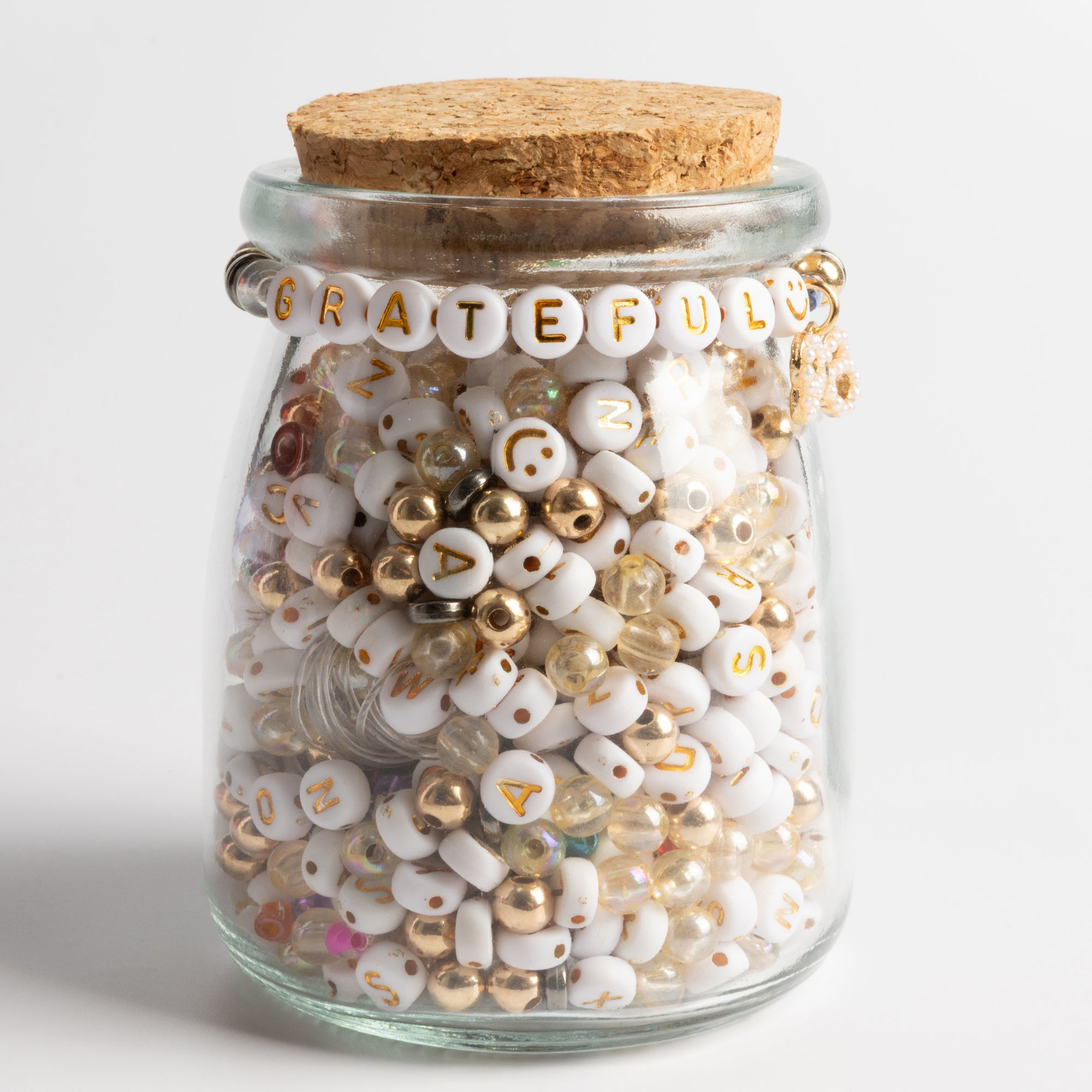 Grateful Metallic Gold Letter Bead Jar with Pearl Bow Charm DIY Bracelet Kit