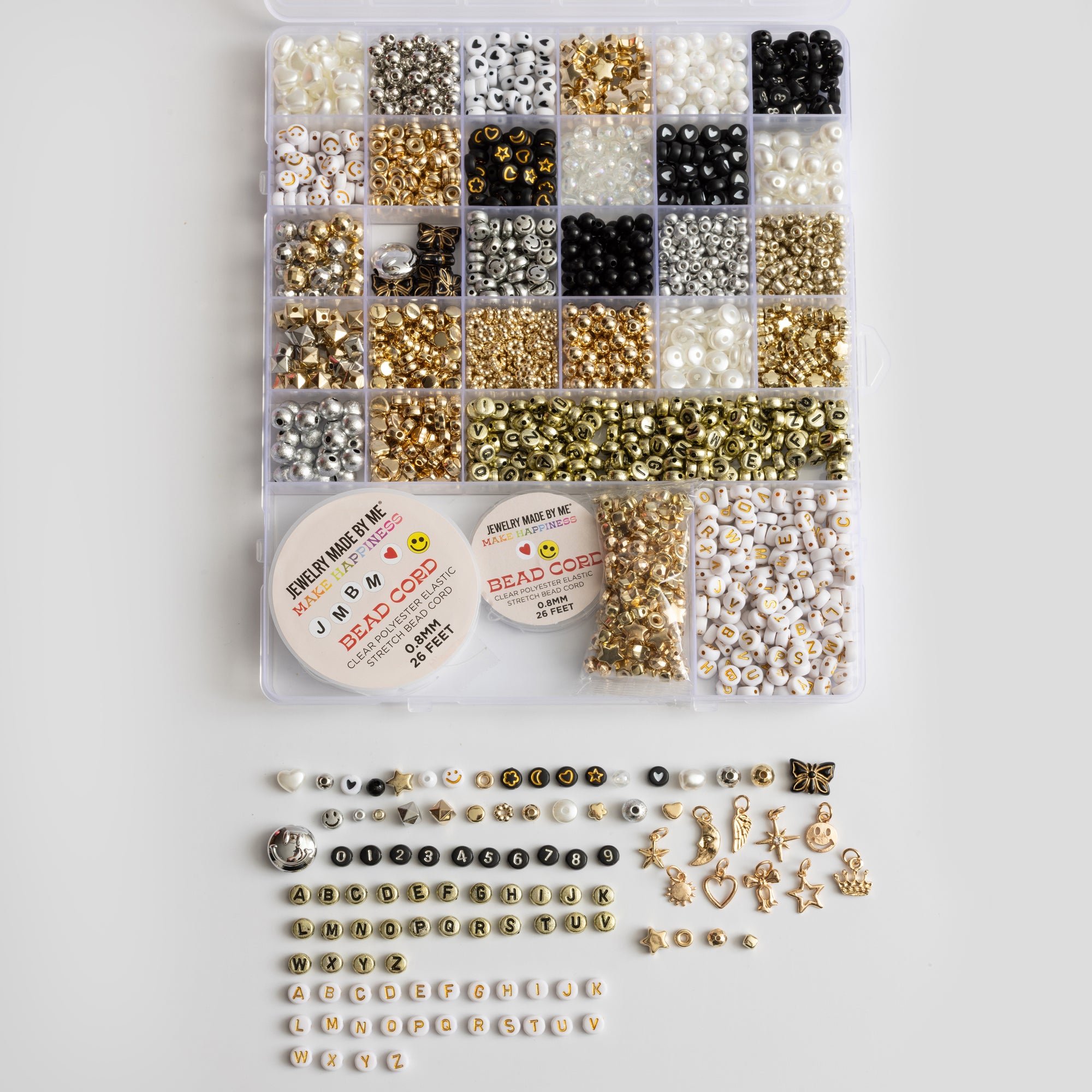 Black and White Metallic Bead Box with Letters and Charms DIY Jewelry Kit
