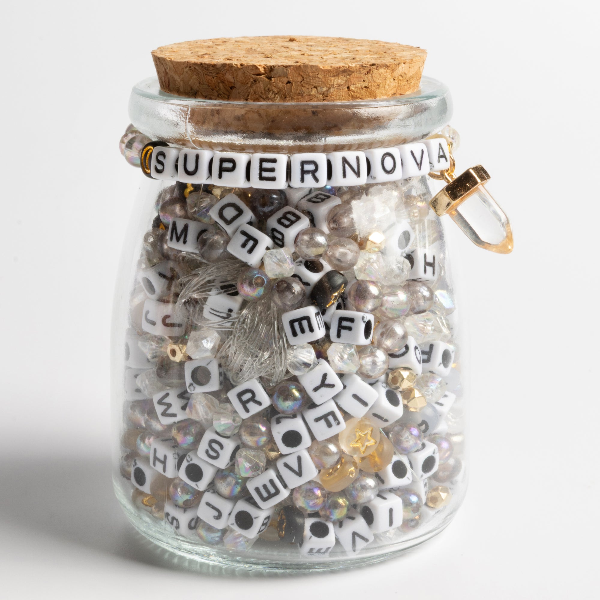 Supernova Bead Kit – Black, White & Iridescent Beads with Letter Cubes & Crystal Point Charm