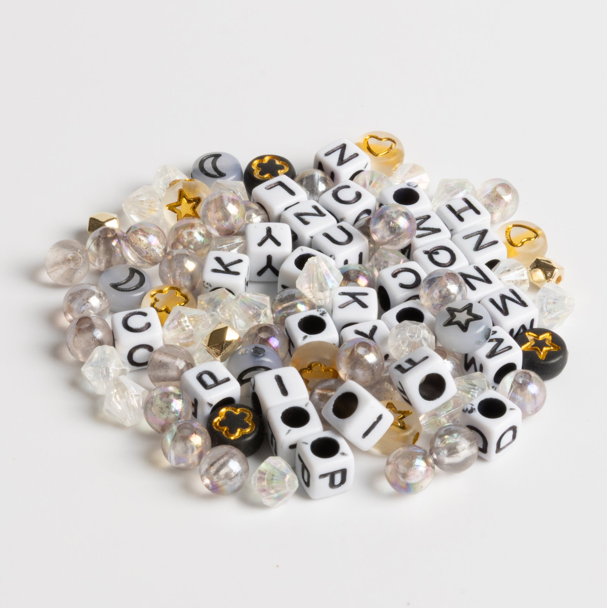 Supernova Bead Kit – Black, White & Iridescent Beads with Letter Cubes & Crystal Point Charm