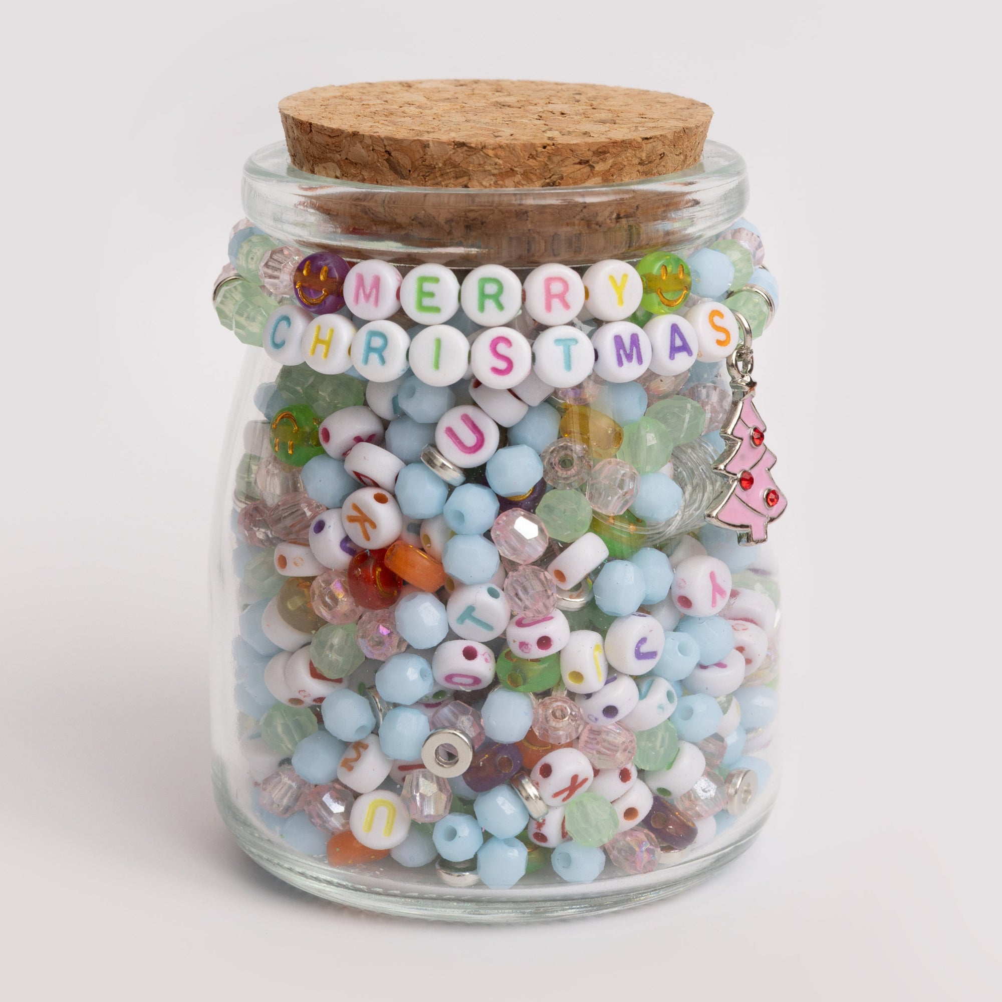 Multicolor Merry Christmas DIY Letter Bead Jar with Pink Christmas Tree Charm