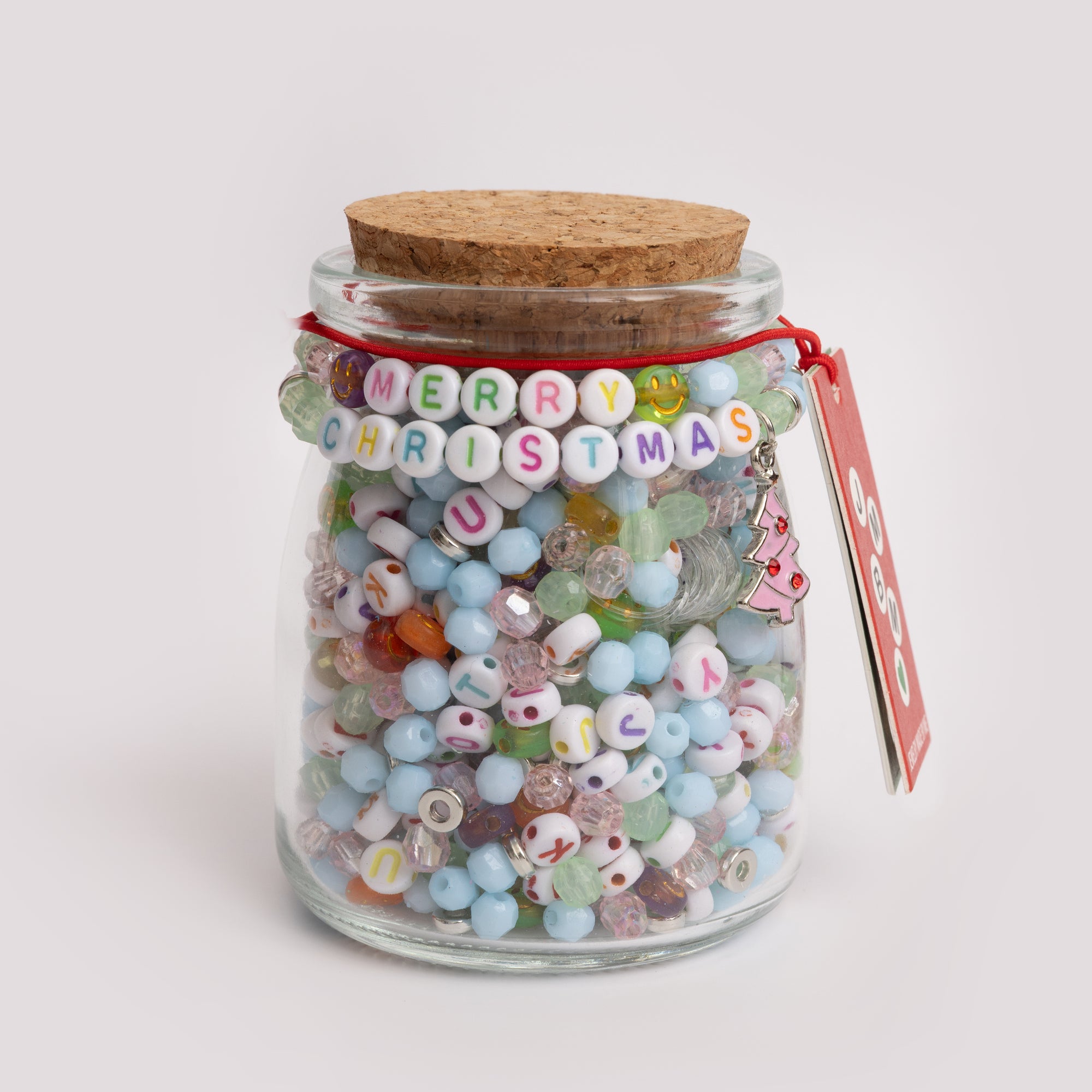 Multicolor Merry Christmas DIY Letter Bead Jar with Pink Christmas Tree Charm