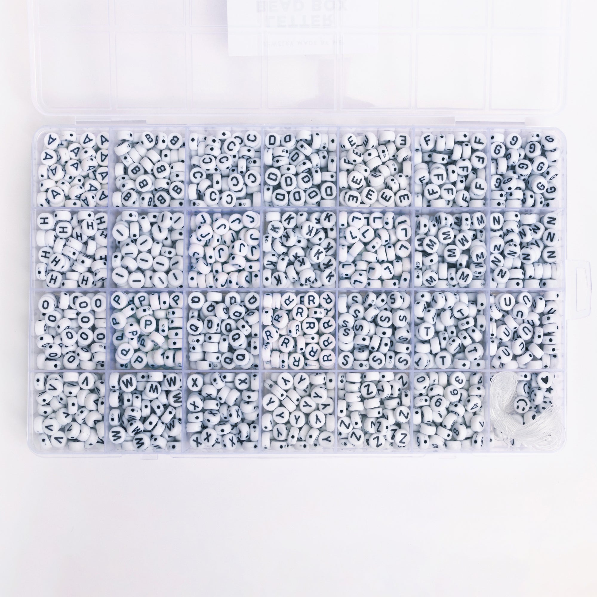 Round White with Black 26 Letter Bead Kit Box