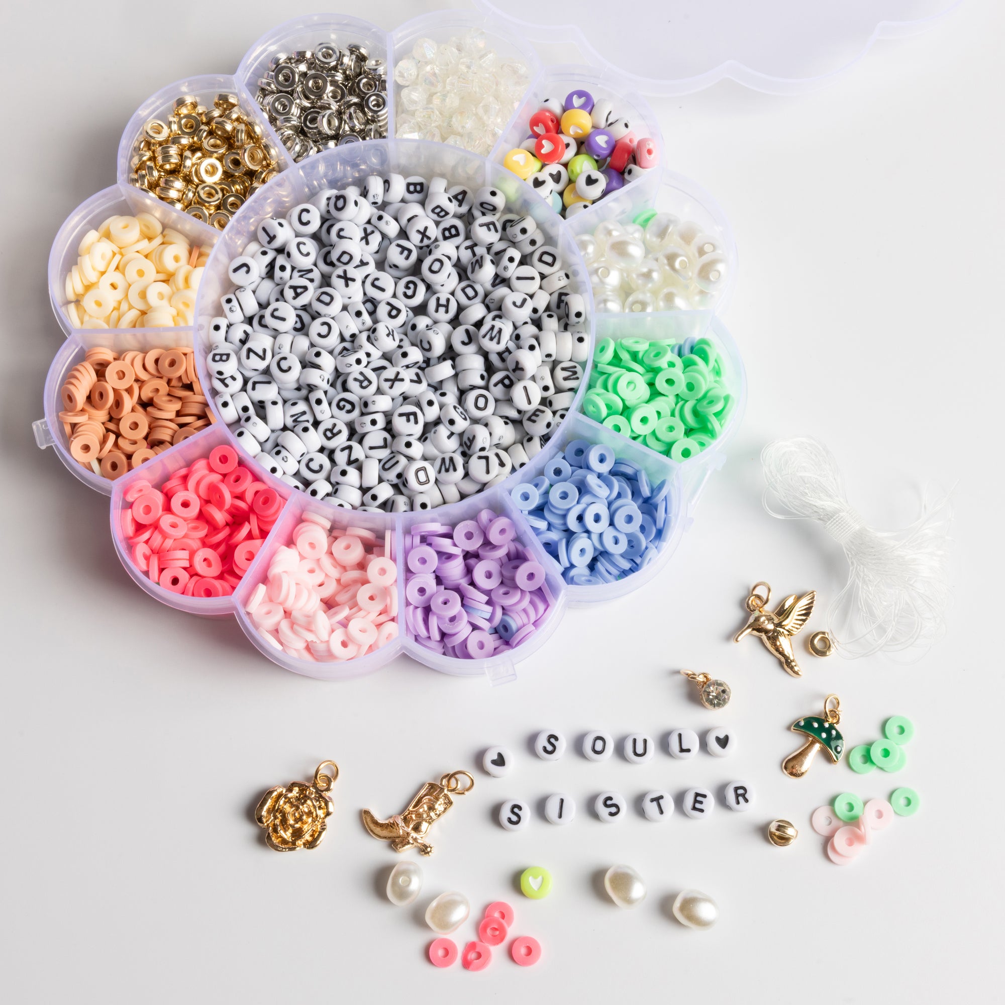 Pastel Heishi Bead Box with Pearls, Letters, Charms, and Stretch Cord Over 2400 Pieces