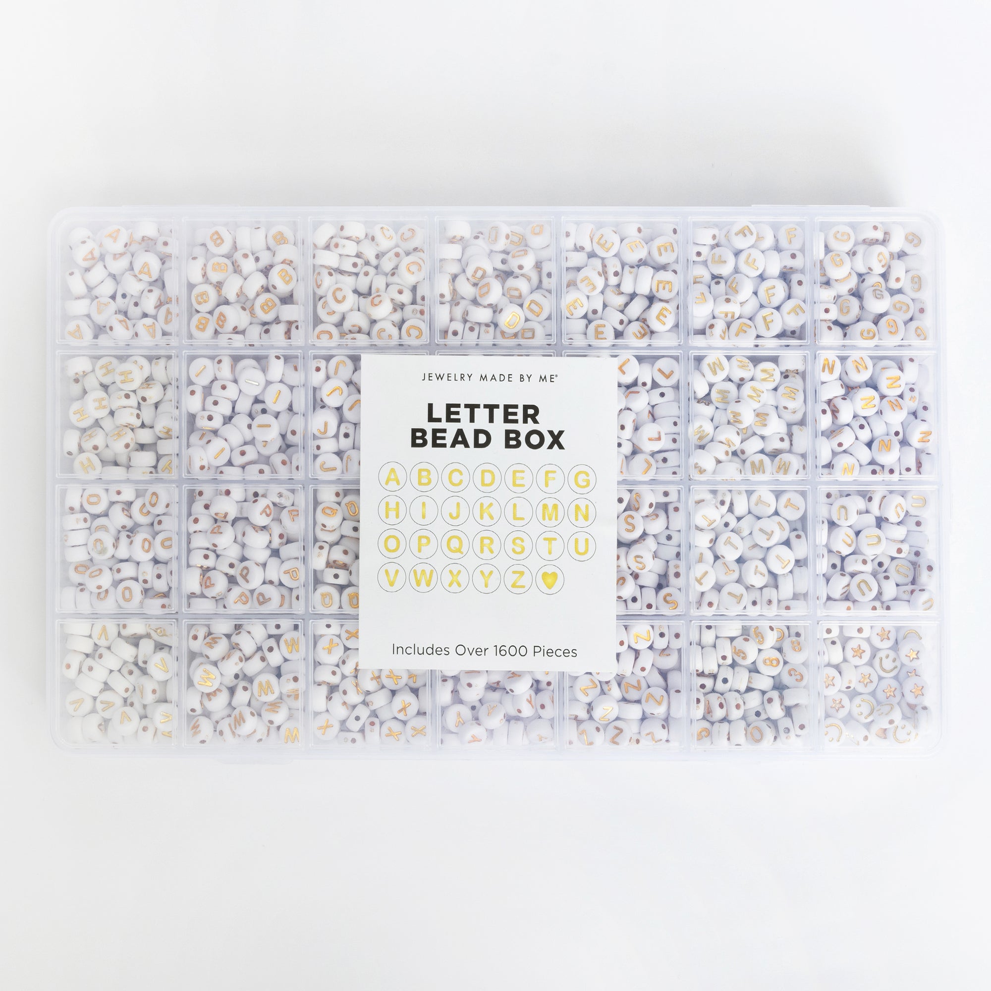 Round White with Metallic Gold 26 Letter Bead Kit Box