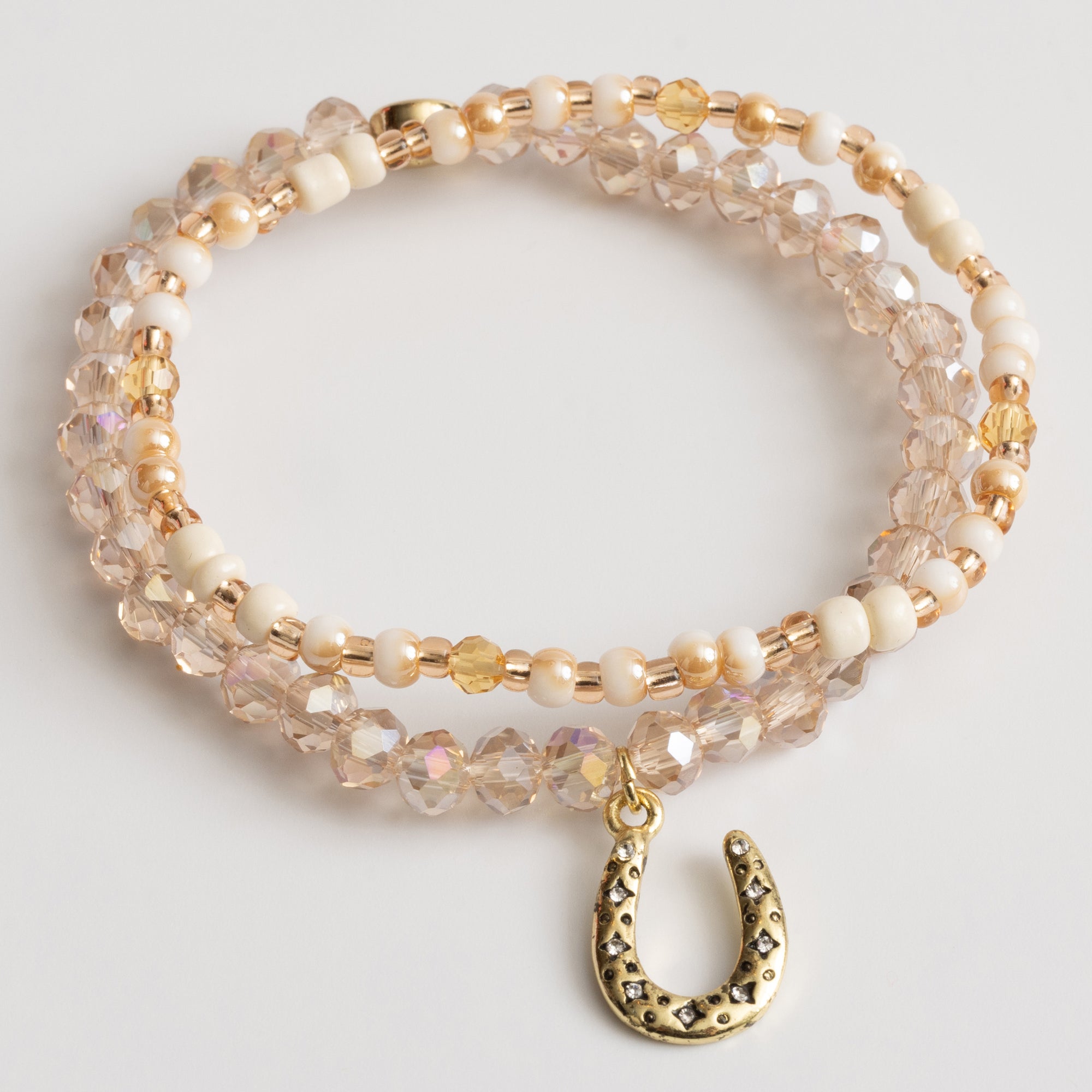 Beige Crystal Beaded Bracelet Set with Gold Horseshoe Charm