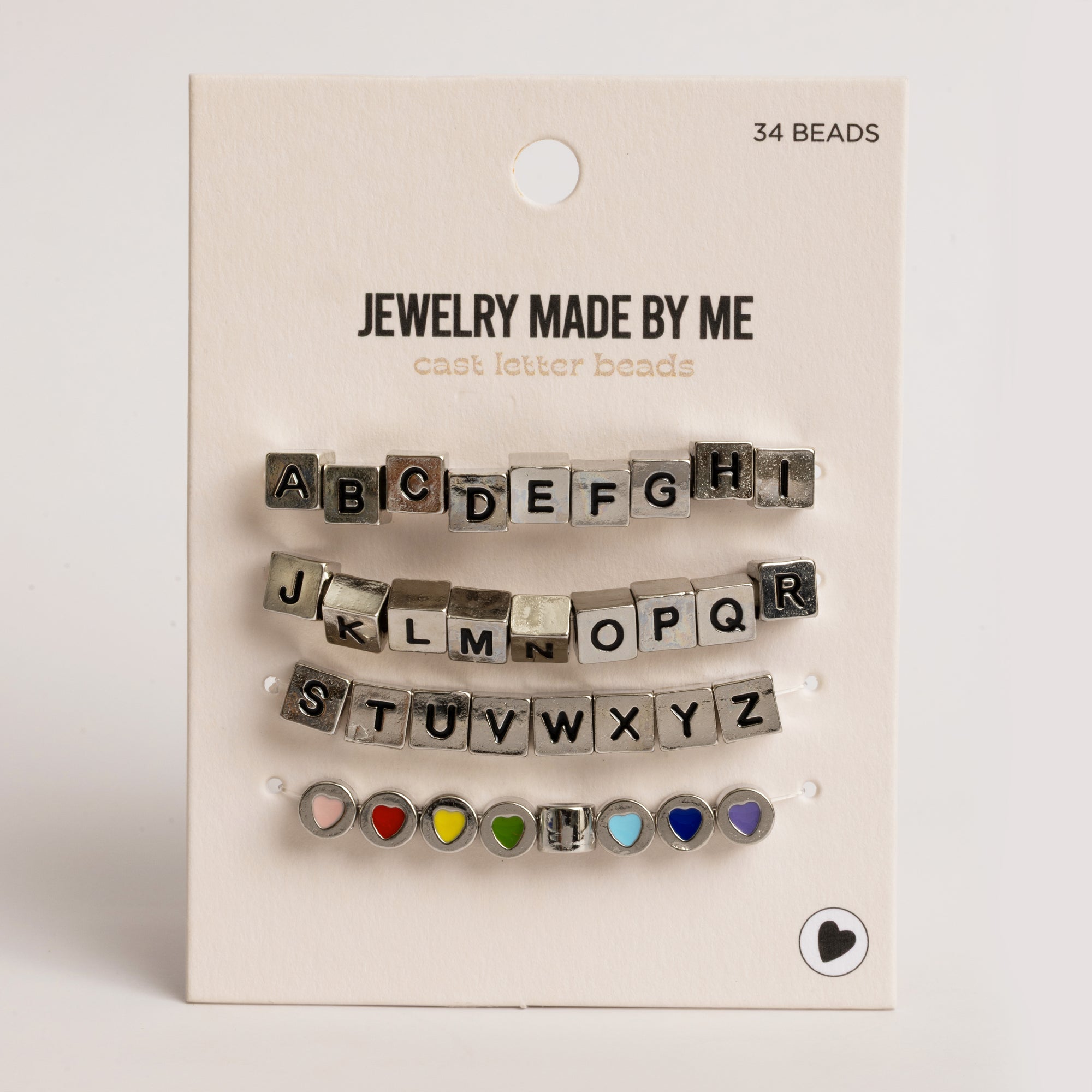 Silver Block Letter Cast Alphabet & Heart Beads