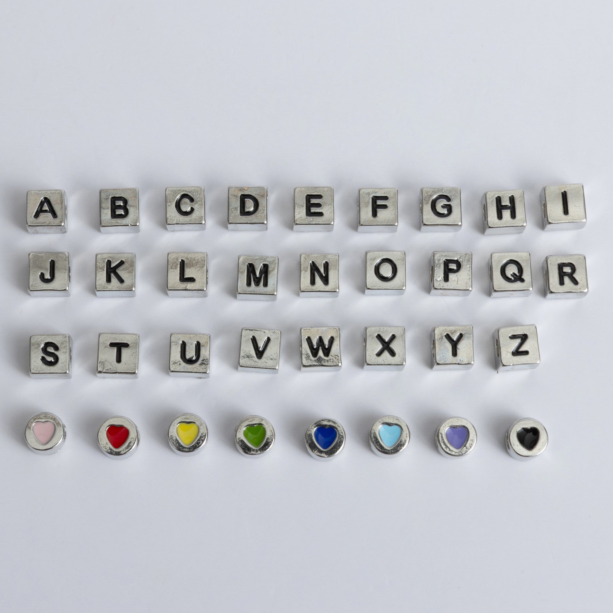 Silver Block Letter Cast Alphabet & Heart Beads
