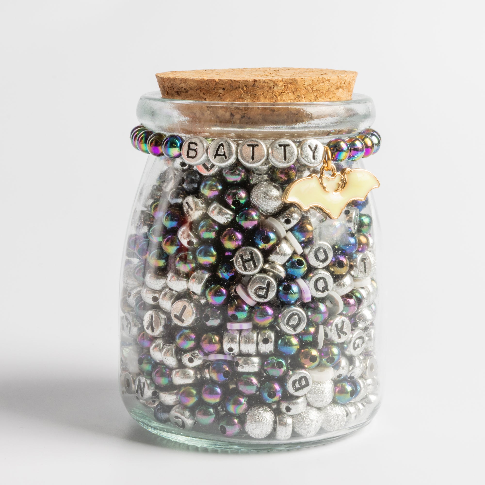 BATTY Silver Letter Bead DIY Bracelet Jar with Glow in the Dark Bat Charm
