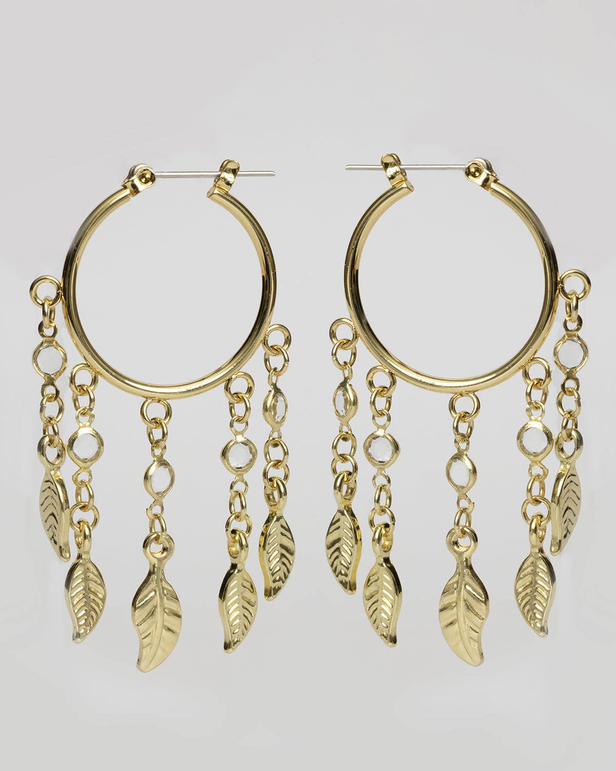 Gold Boho Feather and Crystal Fringe Medium Hoop Earrings Coastal Cowgirl