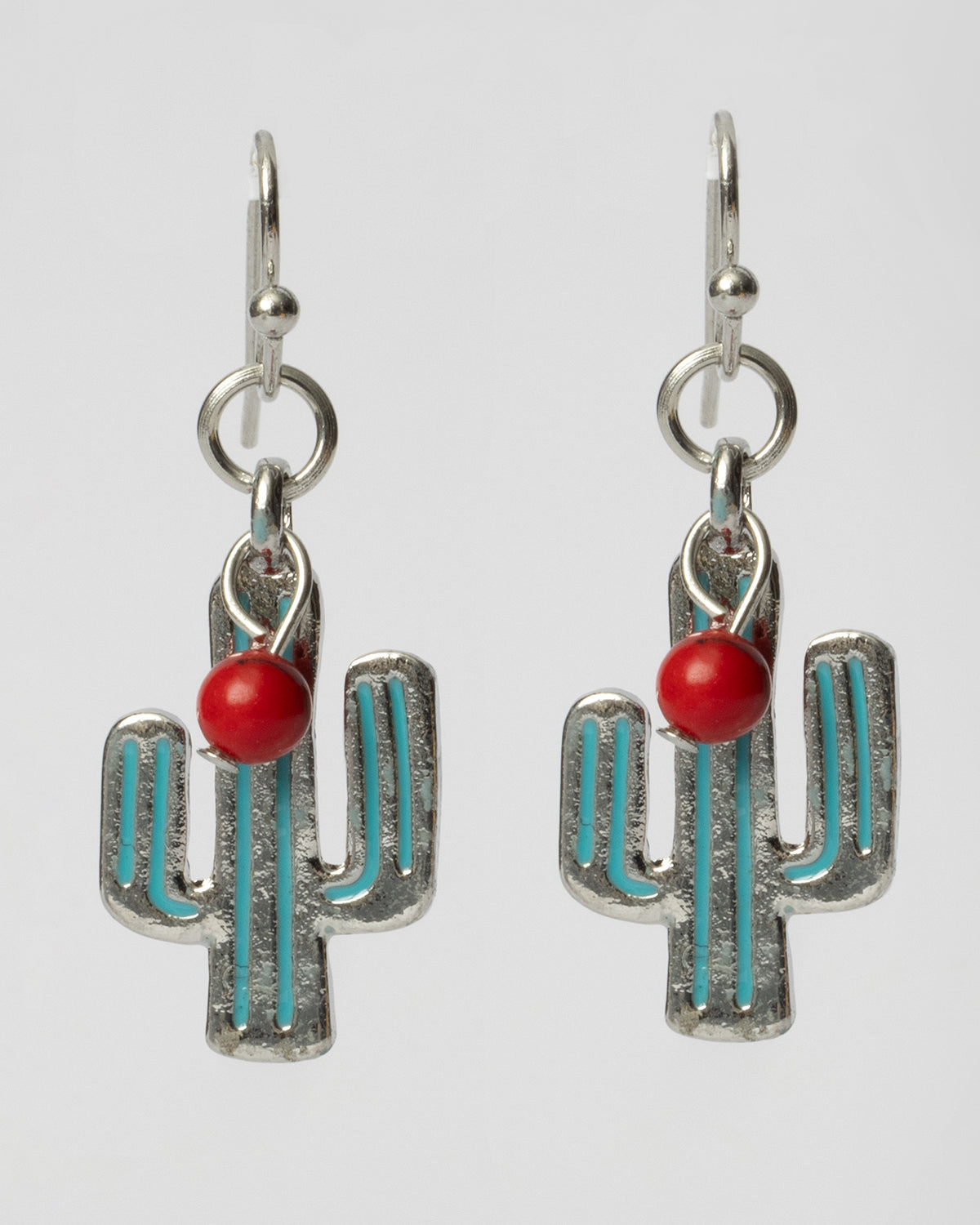 Silver and Turquoise Cactus Earrings with Coral Red Dangle Coastal Cowgirl