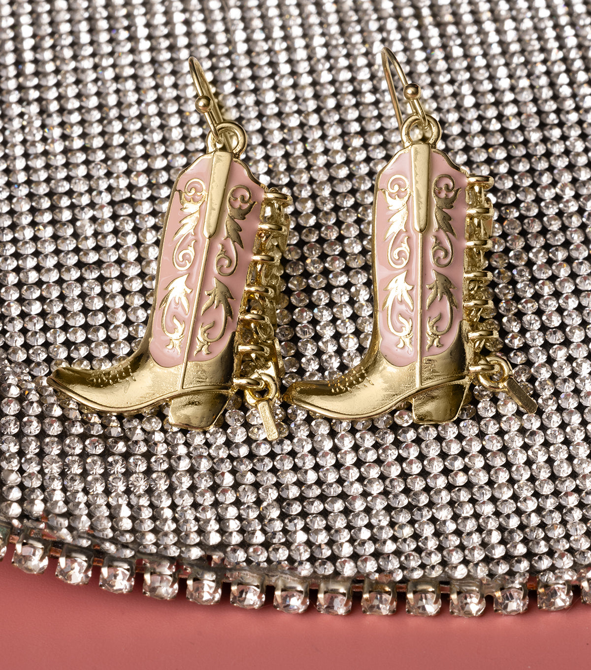 Gold and Pink Fringe Cowboy Boot Earrings Coastal Cowgirl