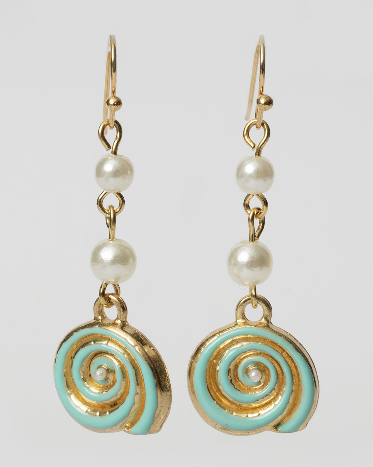 Gold Turquoise and Pearl Swirl Shell Earrings Coastal Cowgirl