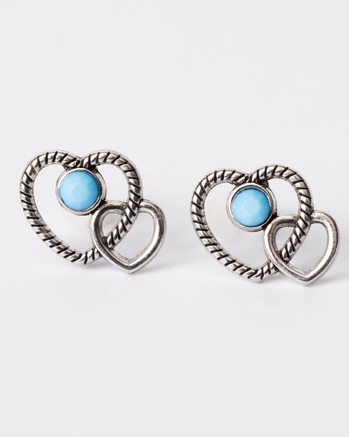 Double Heart and Turquoise Bezel Twisted Rope Stud Earrings Coastal Cowgirl.