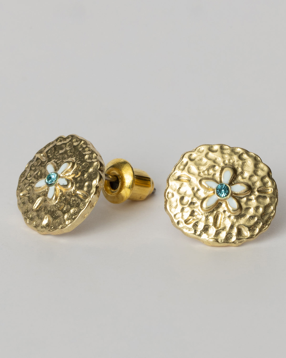 Textured Gold Sand Dollar and Aqua Crystal Stud Earrings Coastal Cowgirl