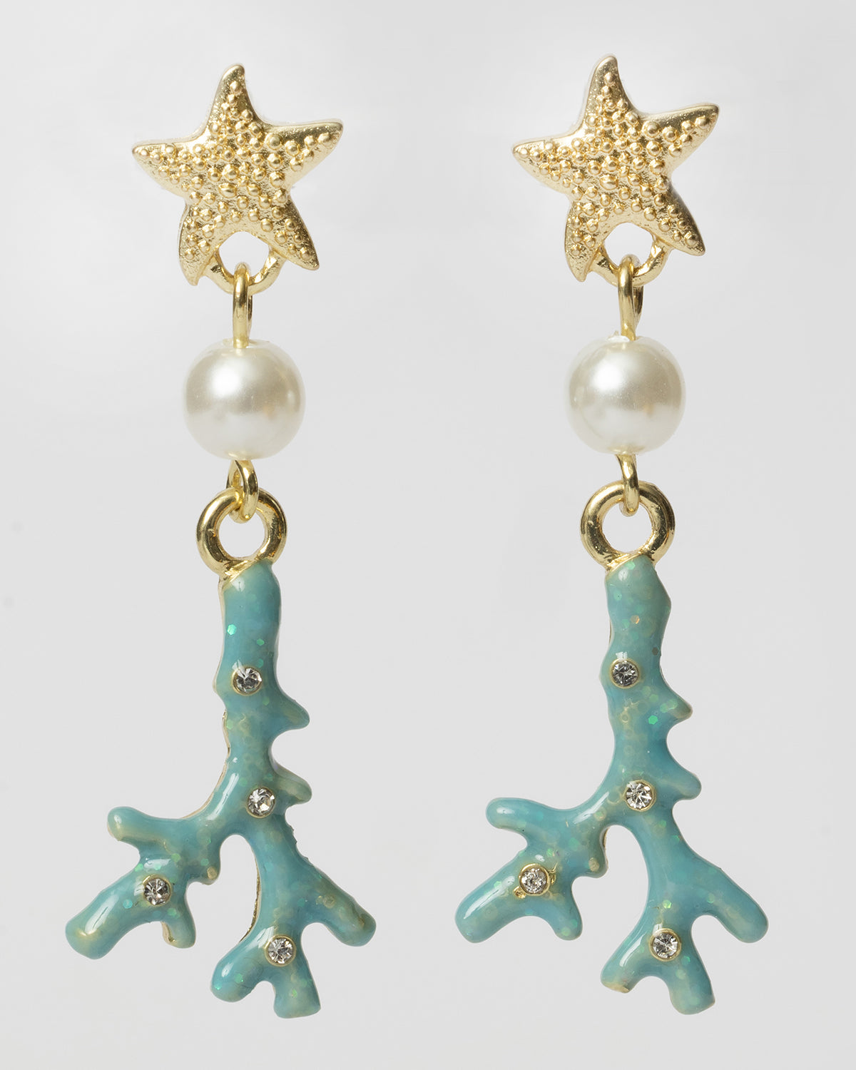 Starfish and Blue Enamel Coral and Pearl Dangle Earrings Coastal Cowgirl