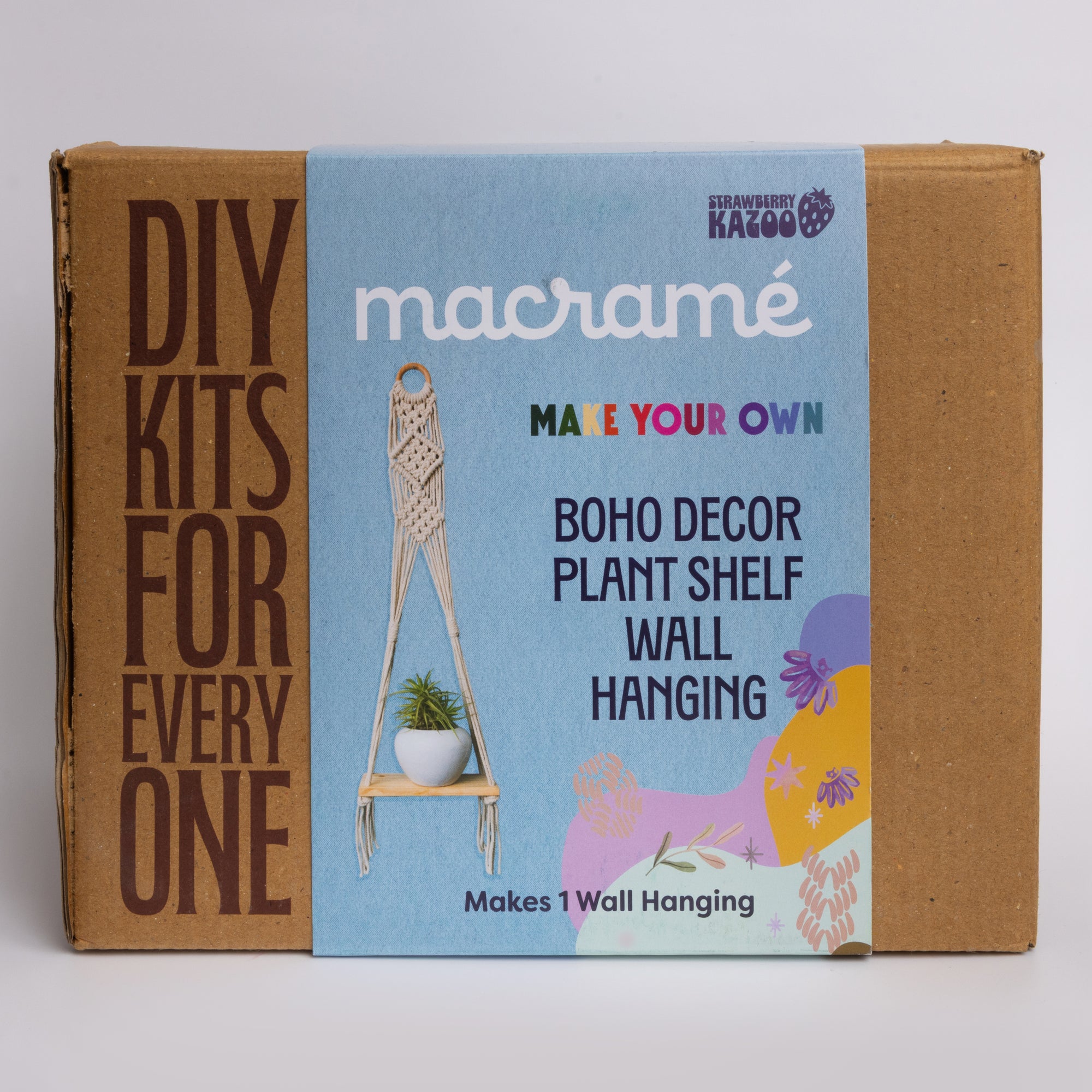 DIY Macramé Plant Shelf Kit – Boho Wall Hanging with Cotton Cord, Wood Shelf & Ceramic Pot