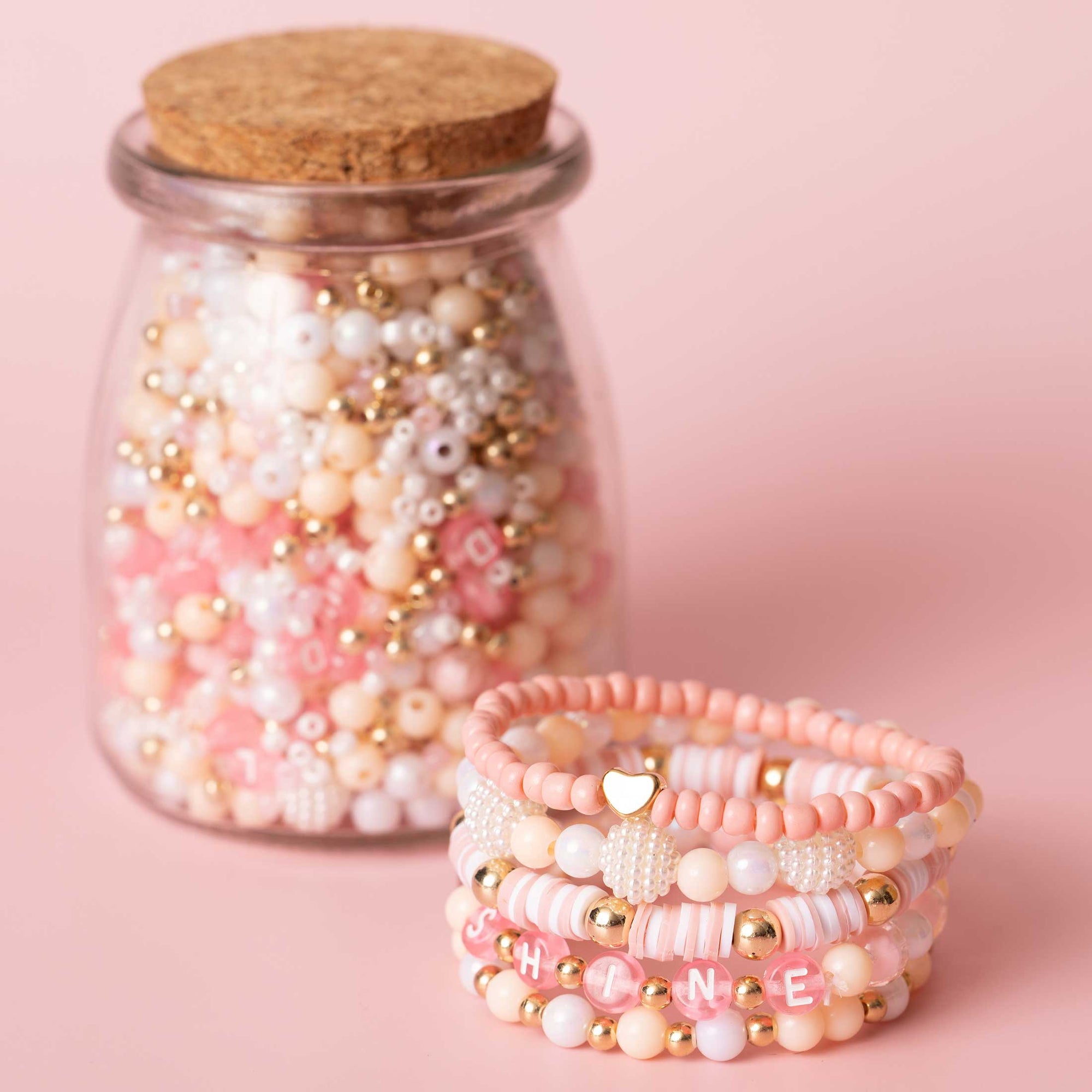 Happy Pastel Pink Letters with Blush and Pearl Tone Beads DIY Beaded Bracelet Jar