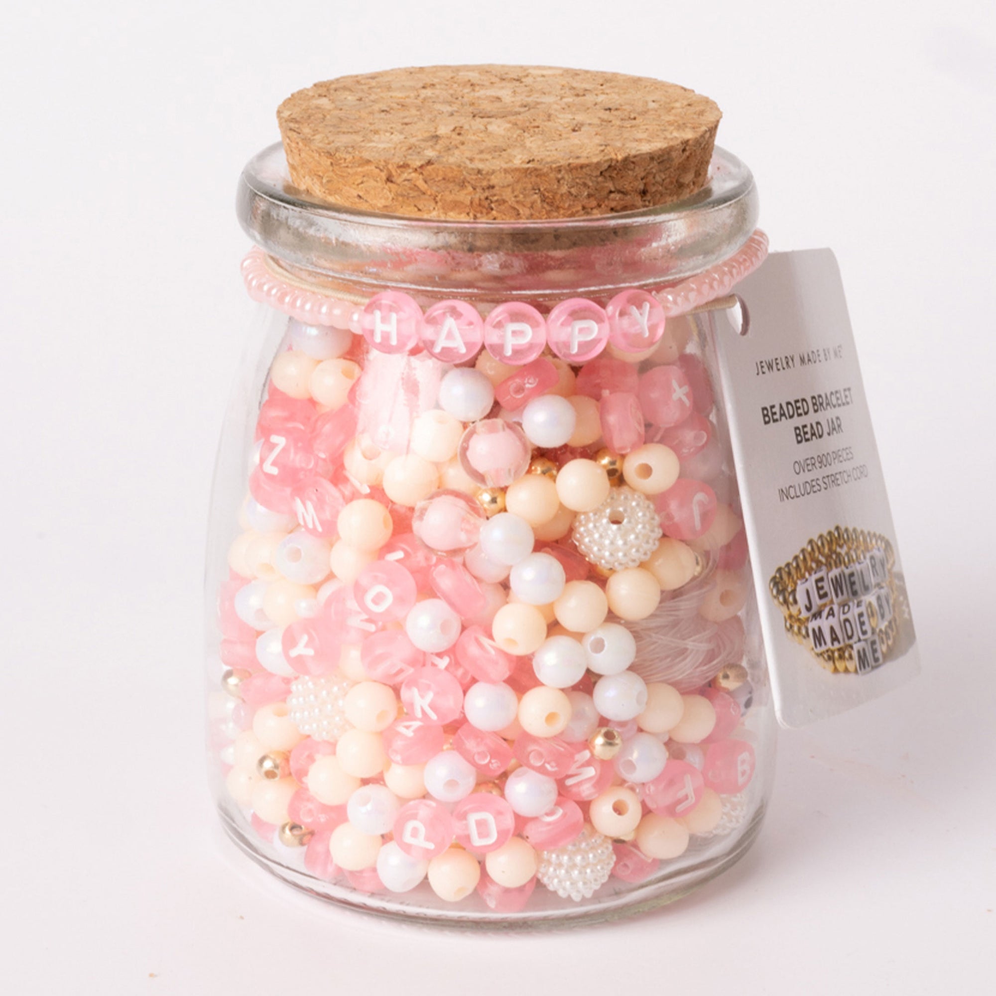 Happy Pastel Pink Letters with Blush and Pearl Tone Beads DIY Beaded Bracelet Jar