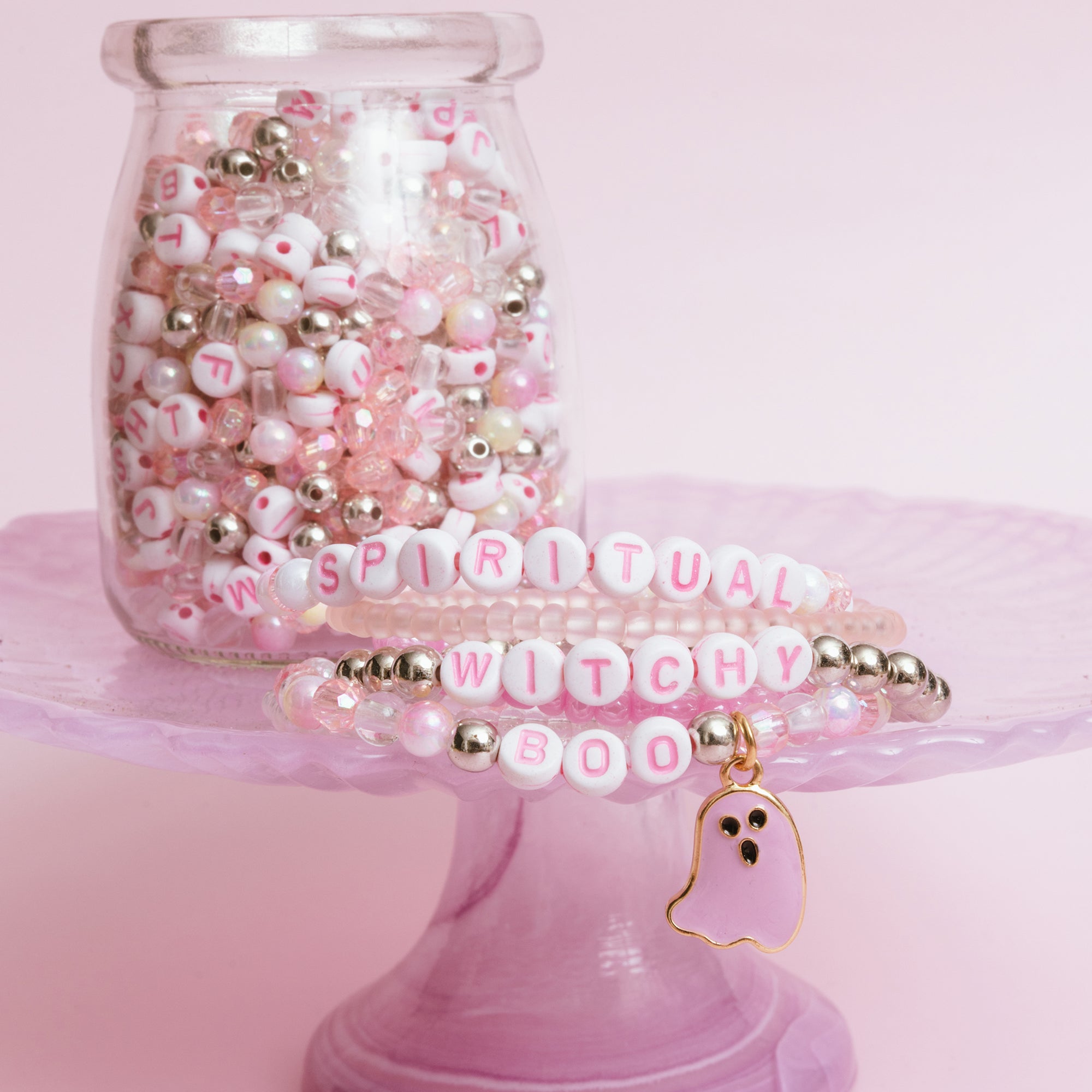BOO Pastel Pink Letter Bead & Ghost Charm DIY Bead Jar