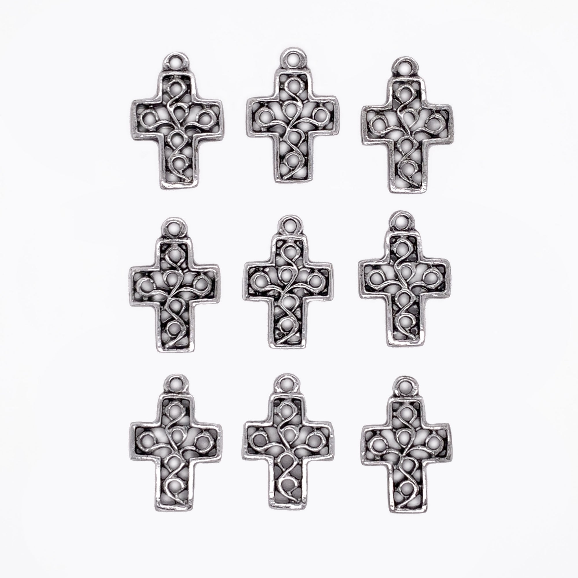 Antique Silver Delicately Detailed Cross Charms 9pc Set