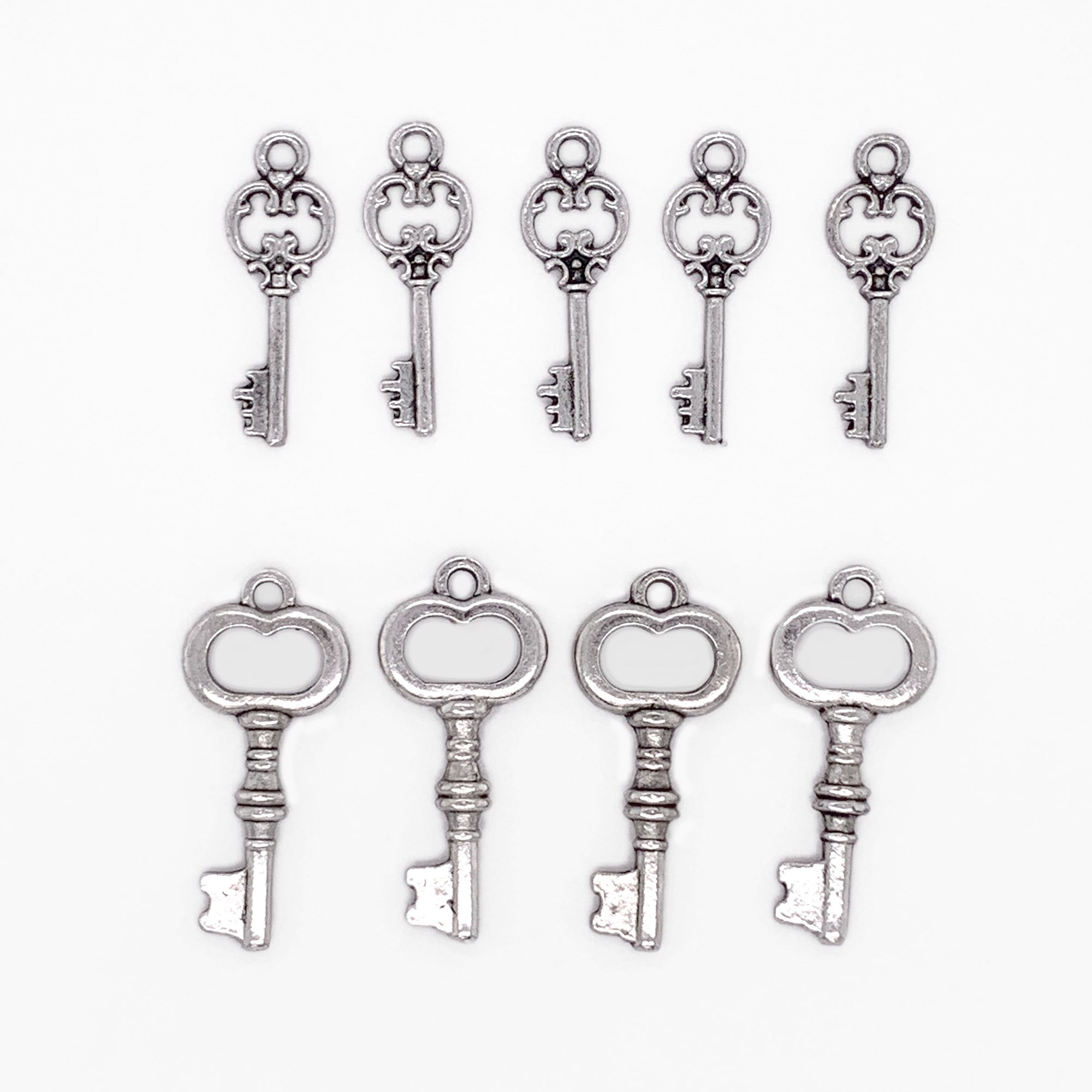 Antique Silver Vintage Miniature Skeleton Keys 9pc Charm Set