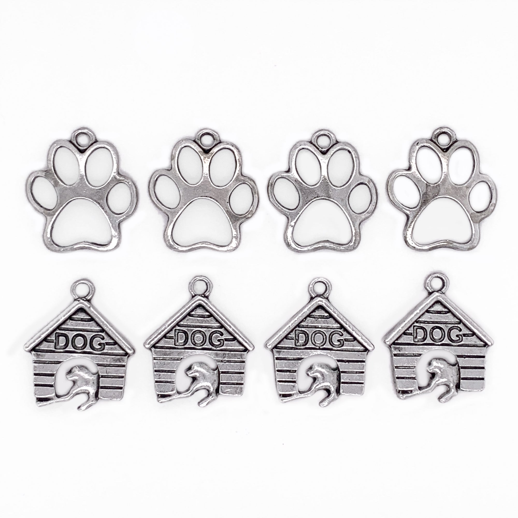 Silver Dog Paws and Houses 8pc Charm Set