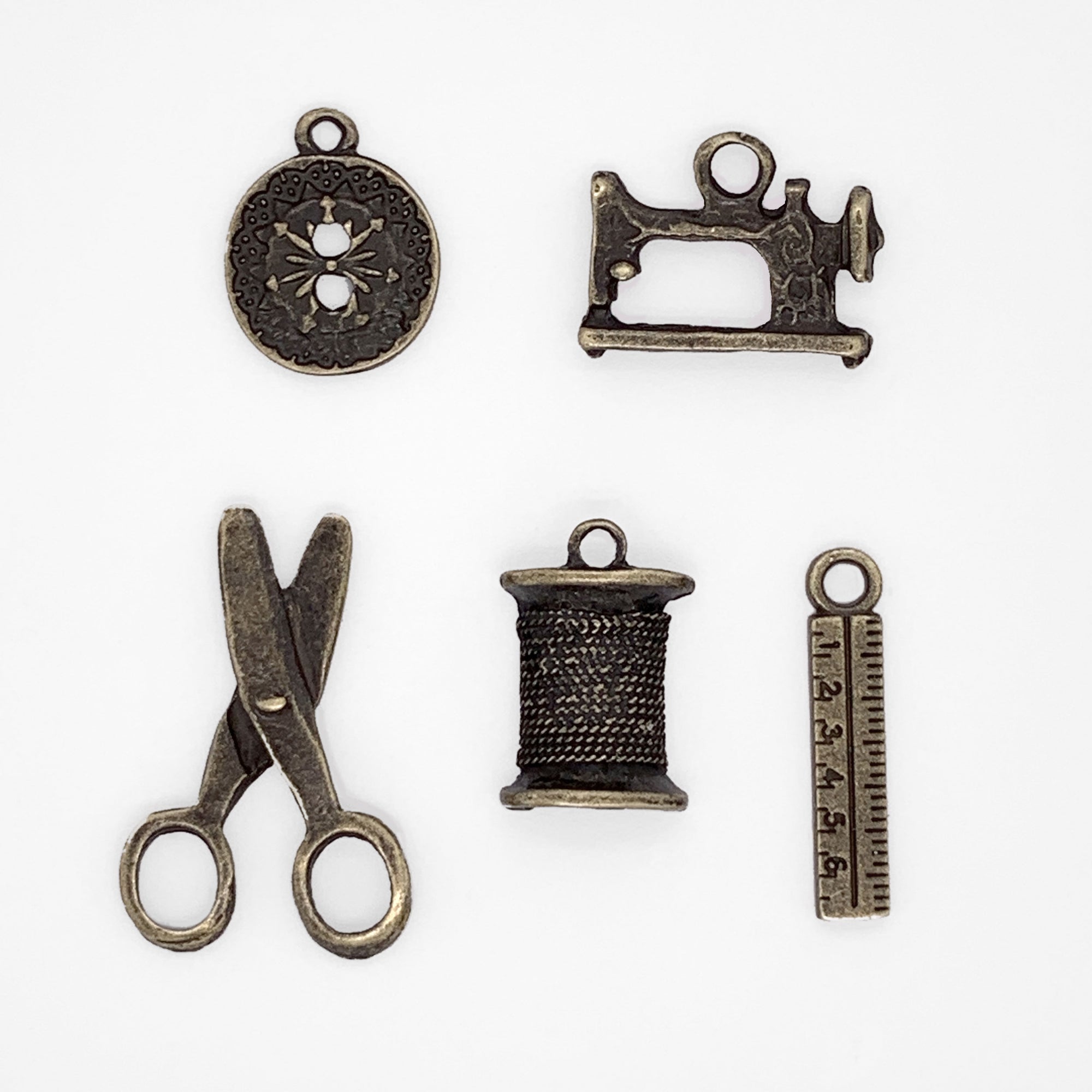 Vintage Sewing Charms in Antique Gold 5pc