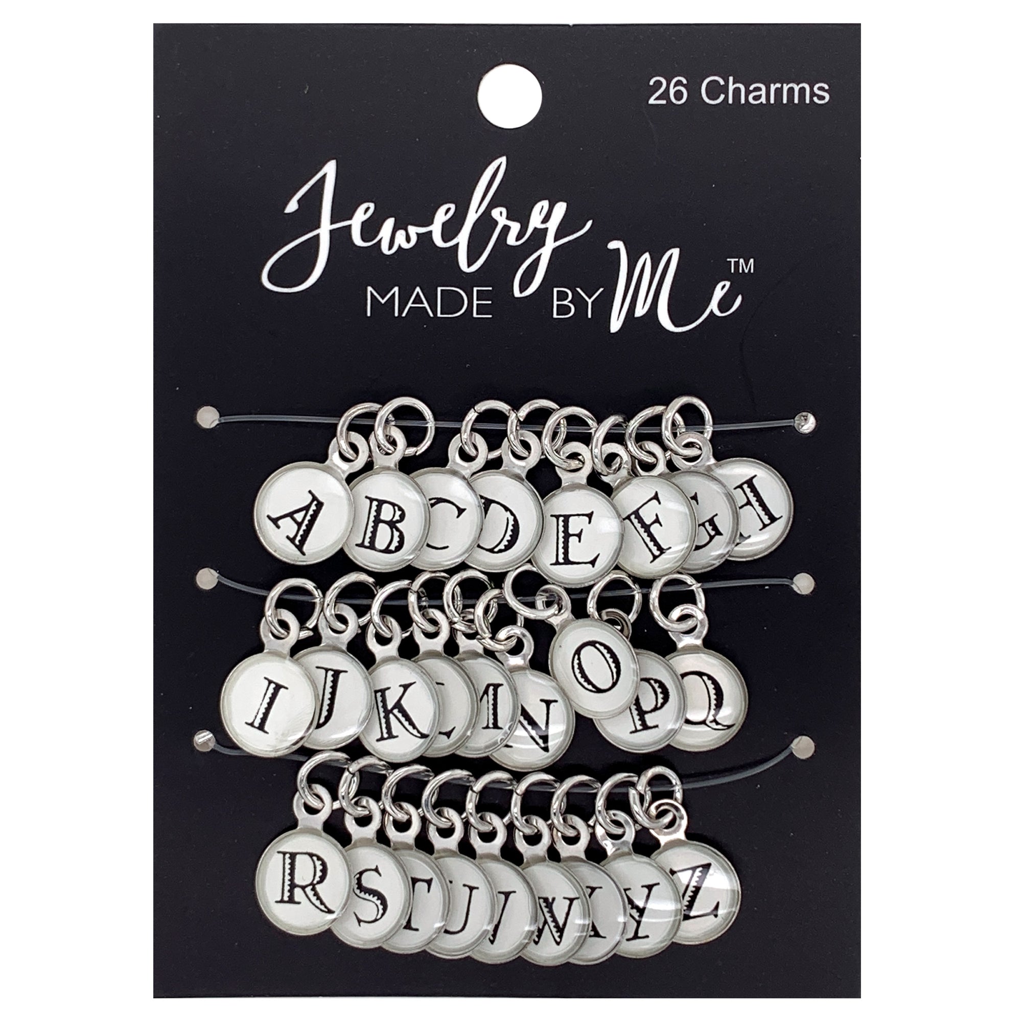 Silver Round White with Black Letters Alphabet Charms 26pc Set