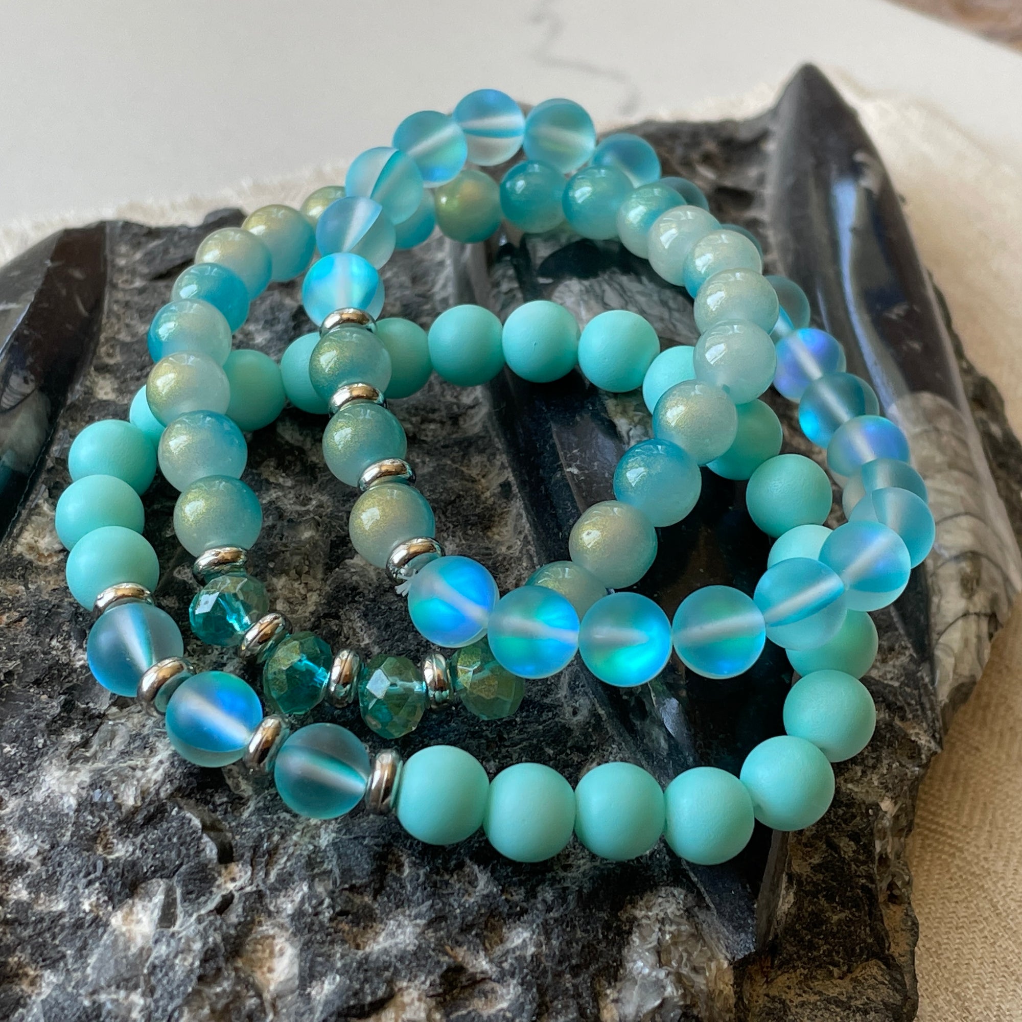 Aqua Green Stretch Bracelets 3pc Set