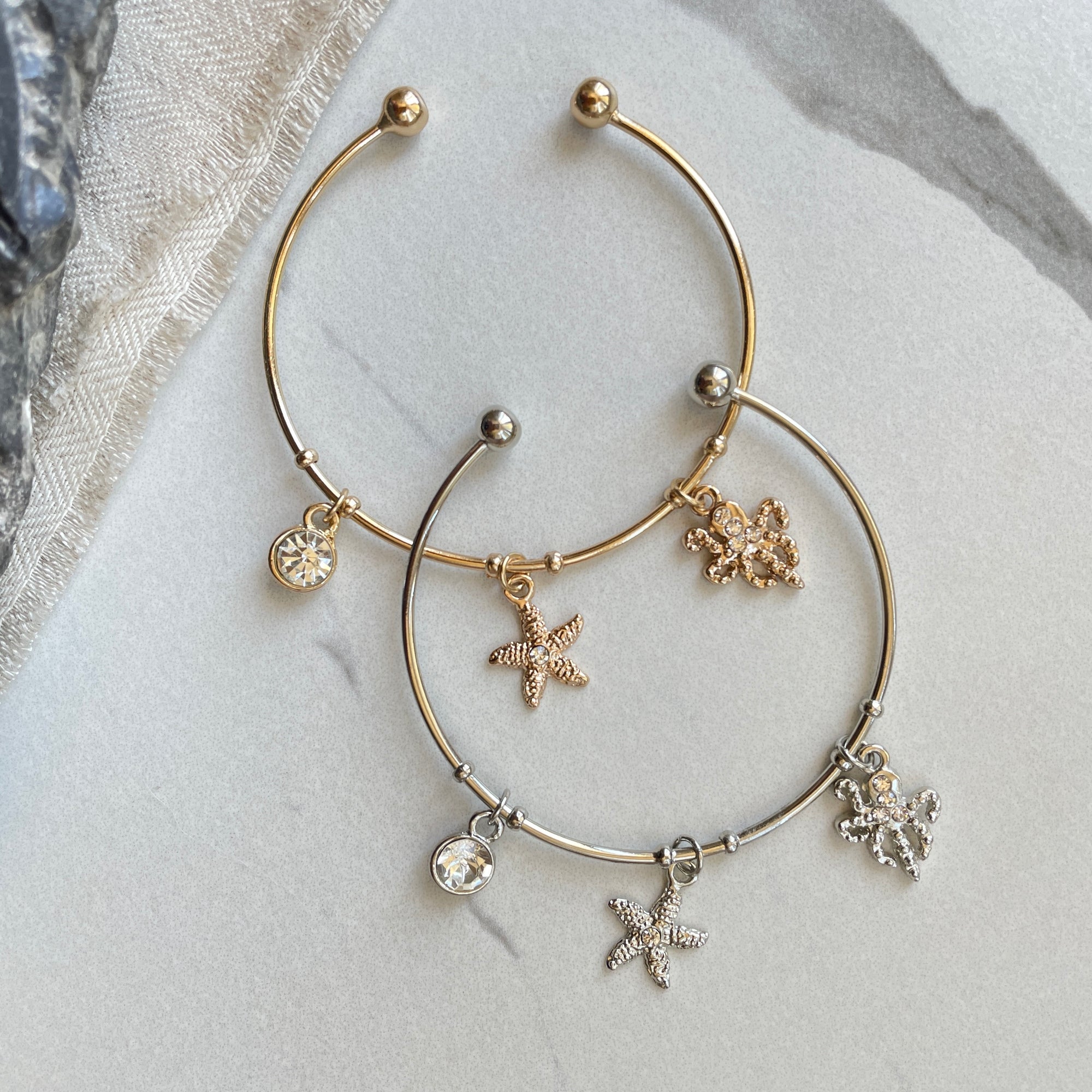Silver Bangle Bracelet with 3 Charms