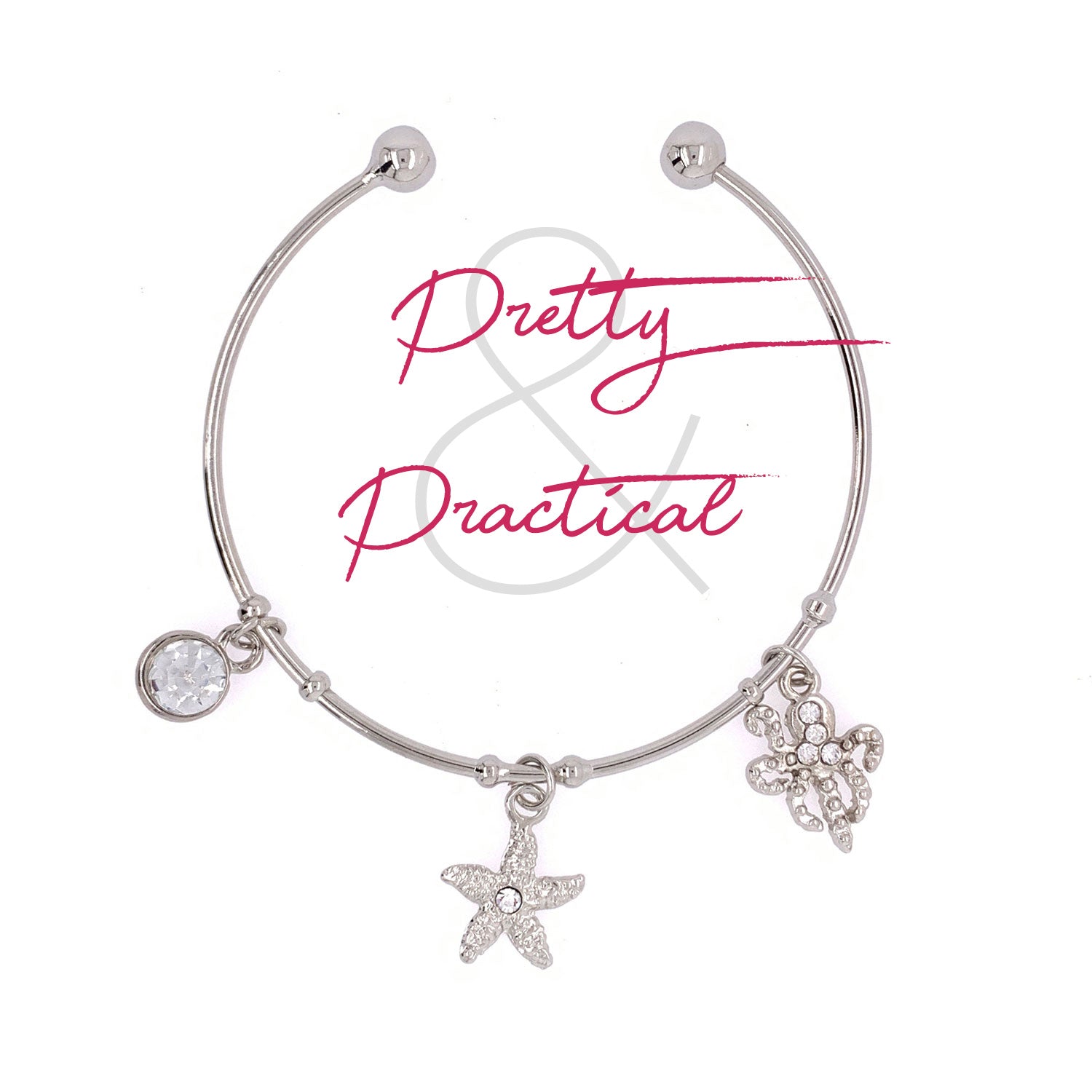 Silver Bangle Bracelet with 3 Charms