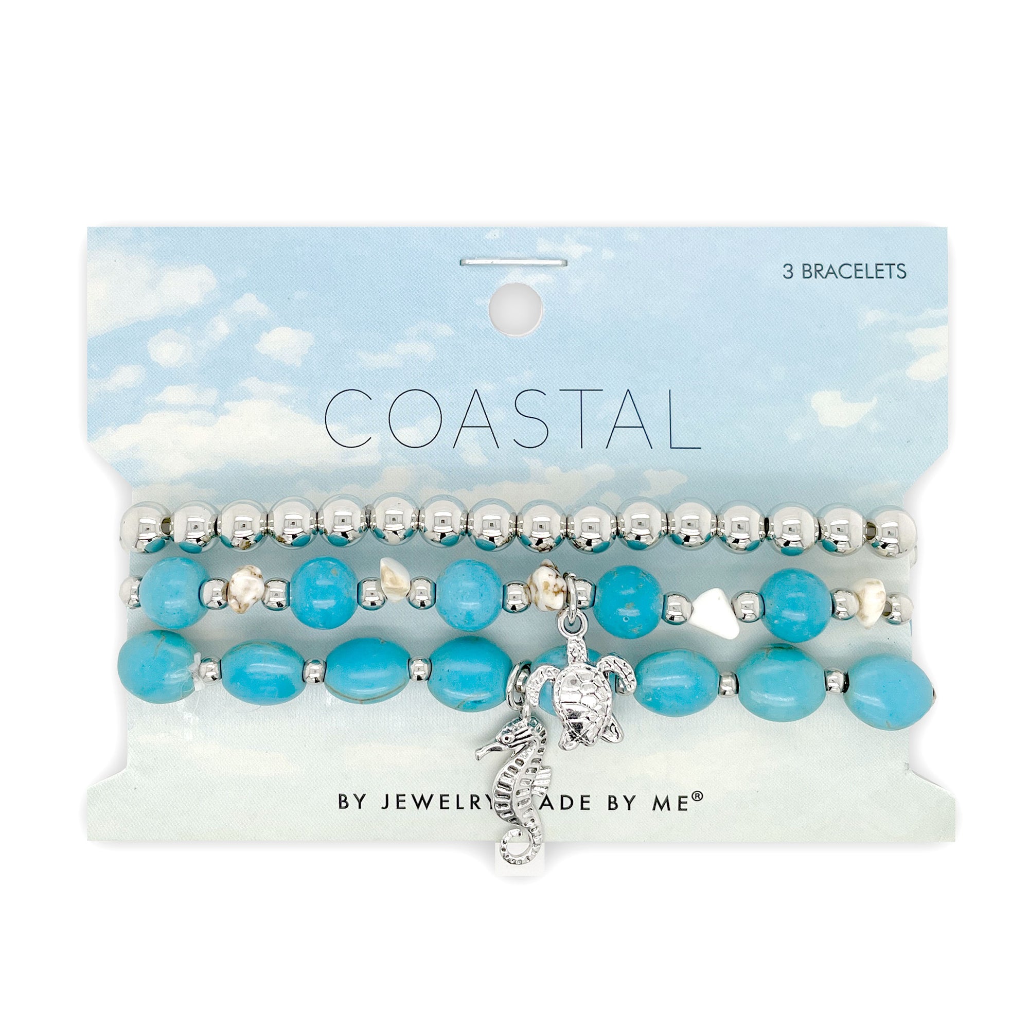 Turquoise and Silver Beads Stretch Bracelets 3pc Set