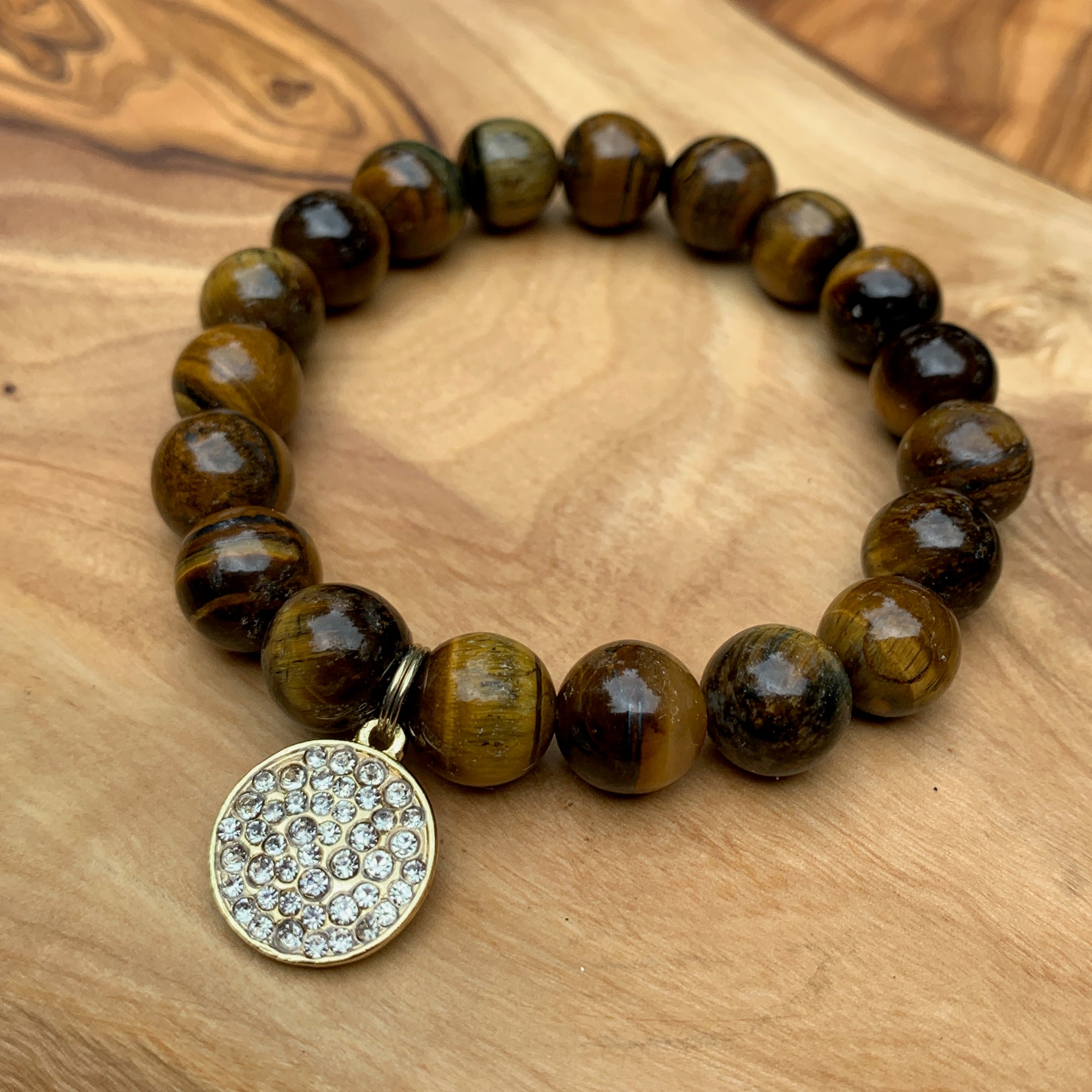 Tiger's Eye Bracelet with Pavé Disc Charm
