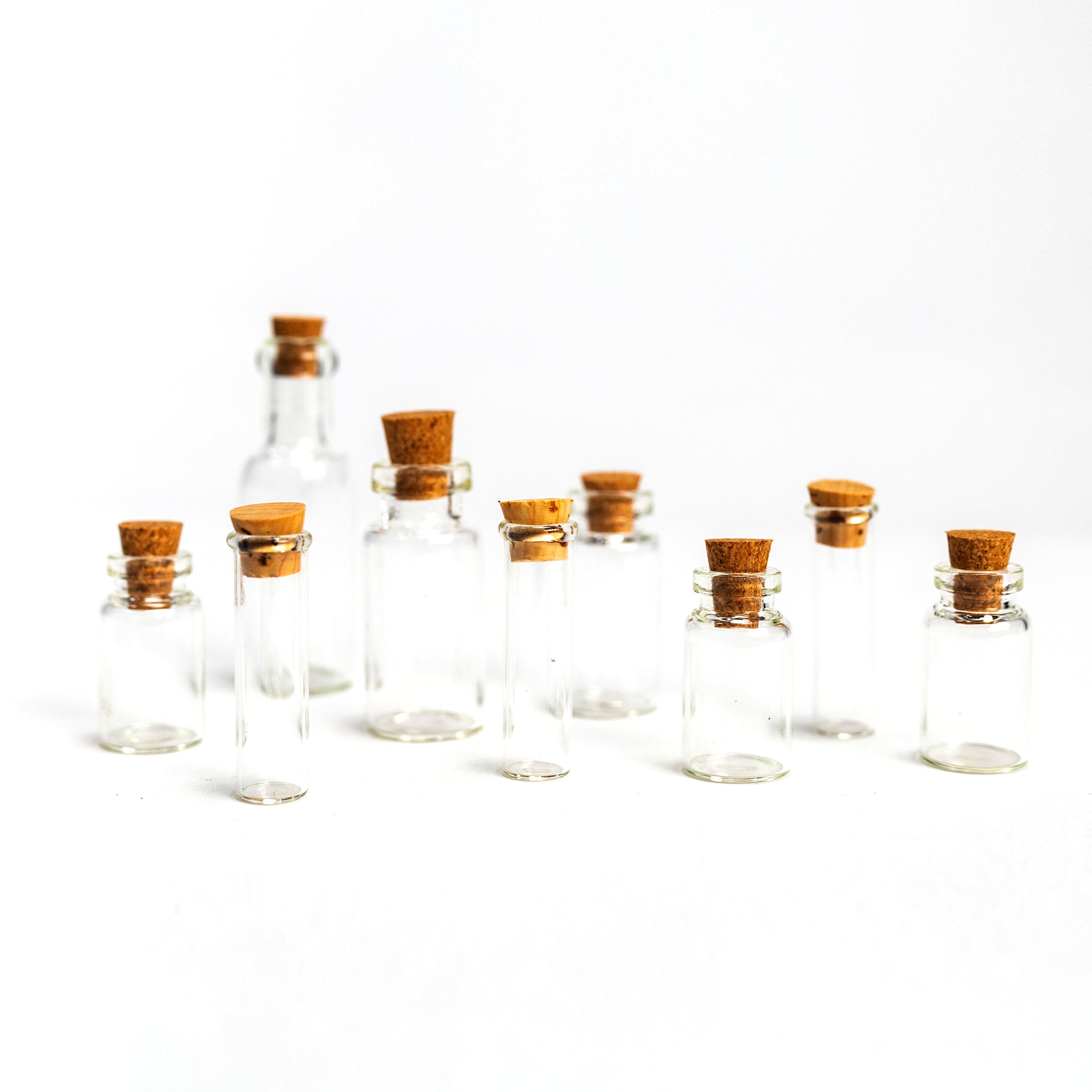 Mini Glass Bottles Set of 9 Tiny Jars with Cork Lid – Jewelry Made by Me