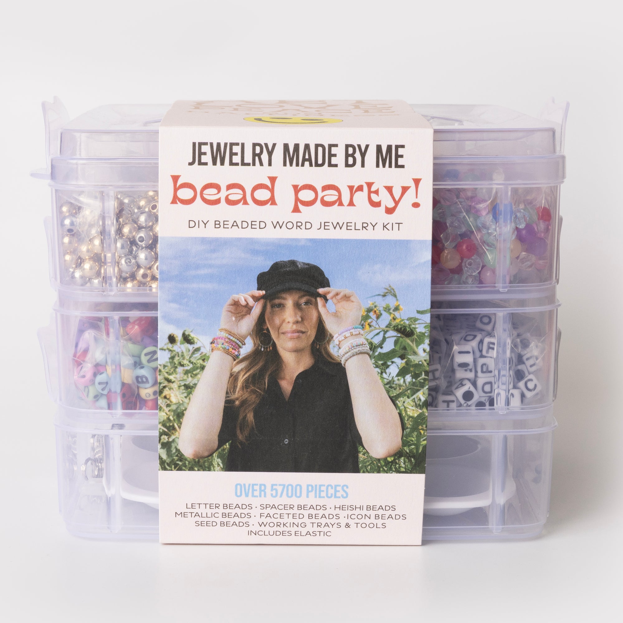 Bead party jewelry kit with clear containers on a white background