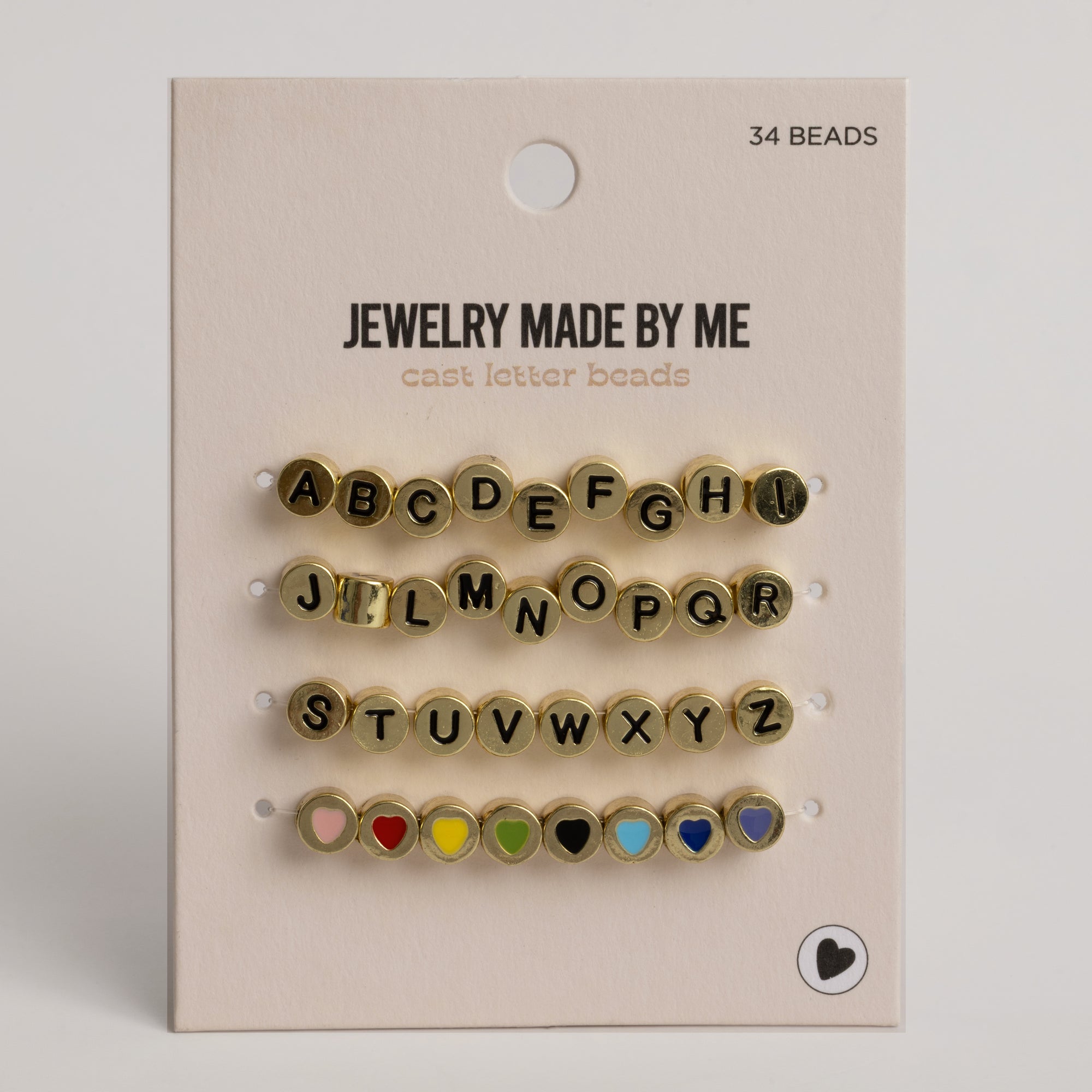 Gold Round Cast Letter &amp; Multicolor Heart Beads