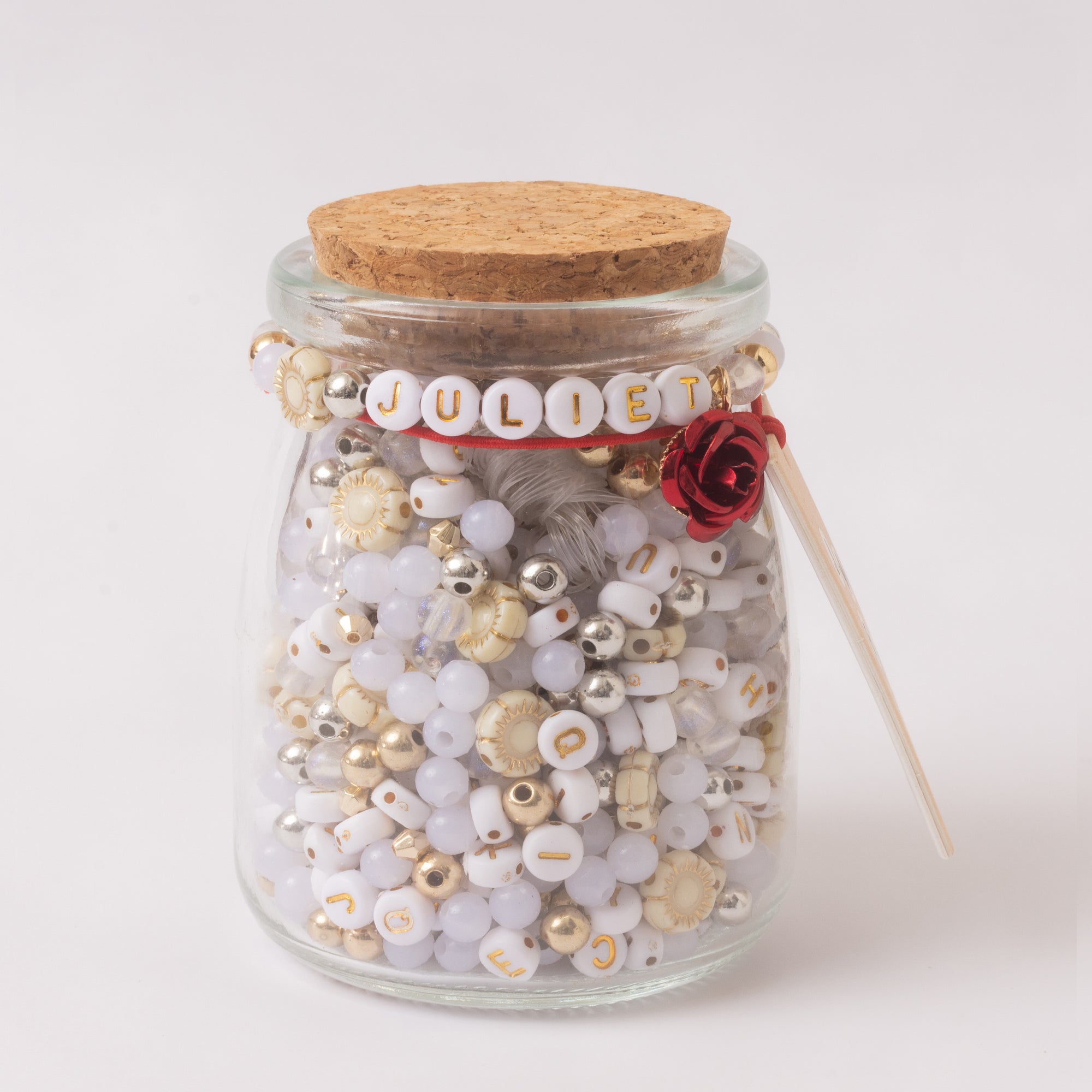 Juliet Floral Gold and White Alphabet Bead DIY Word Bracelt Kit with Red Rose Charm