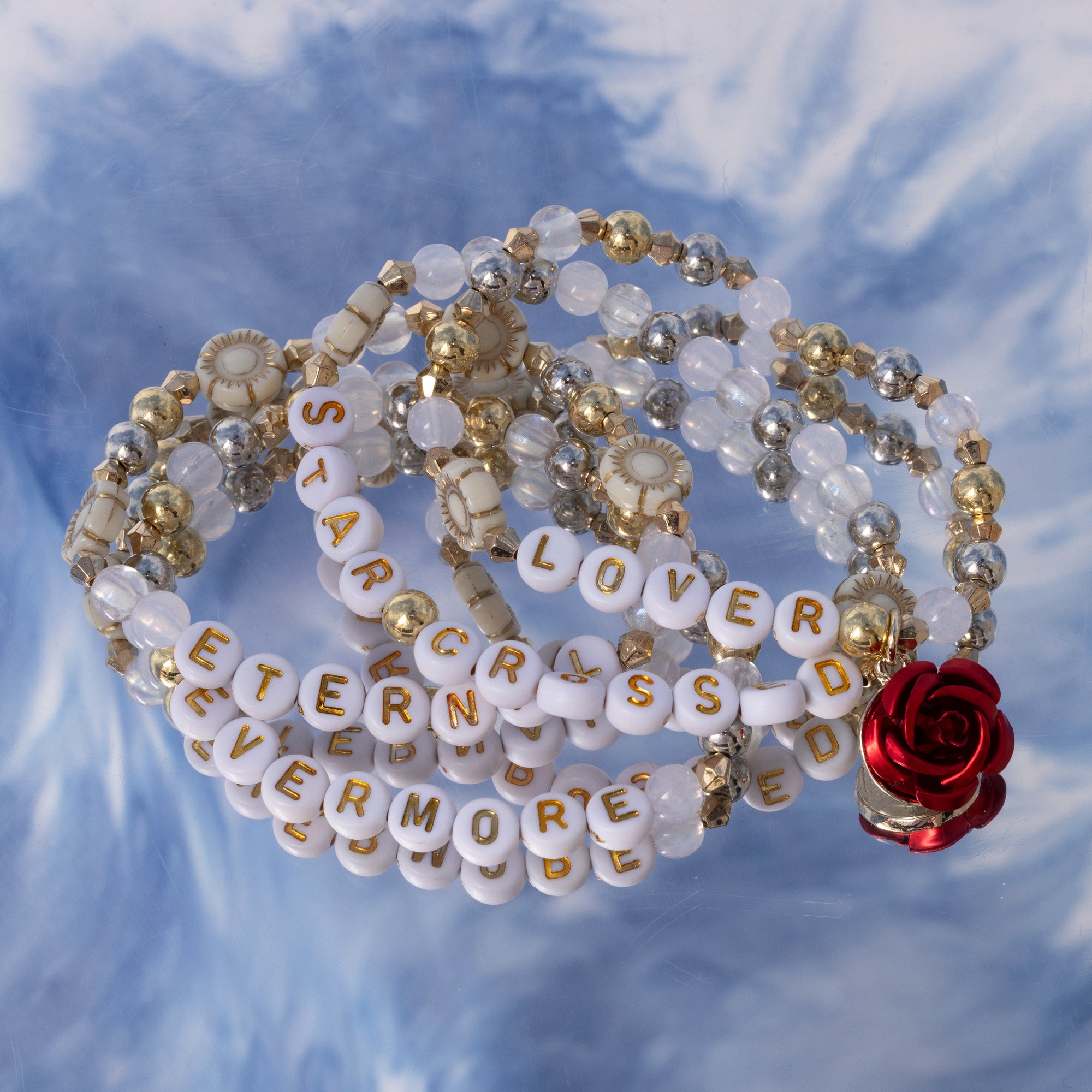 Juliet Floral Gold and White Alphabet Bead DIY Word Bracelt Kit with Red Rose Charm