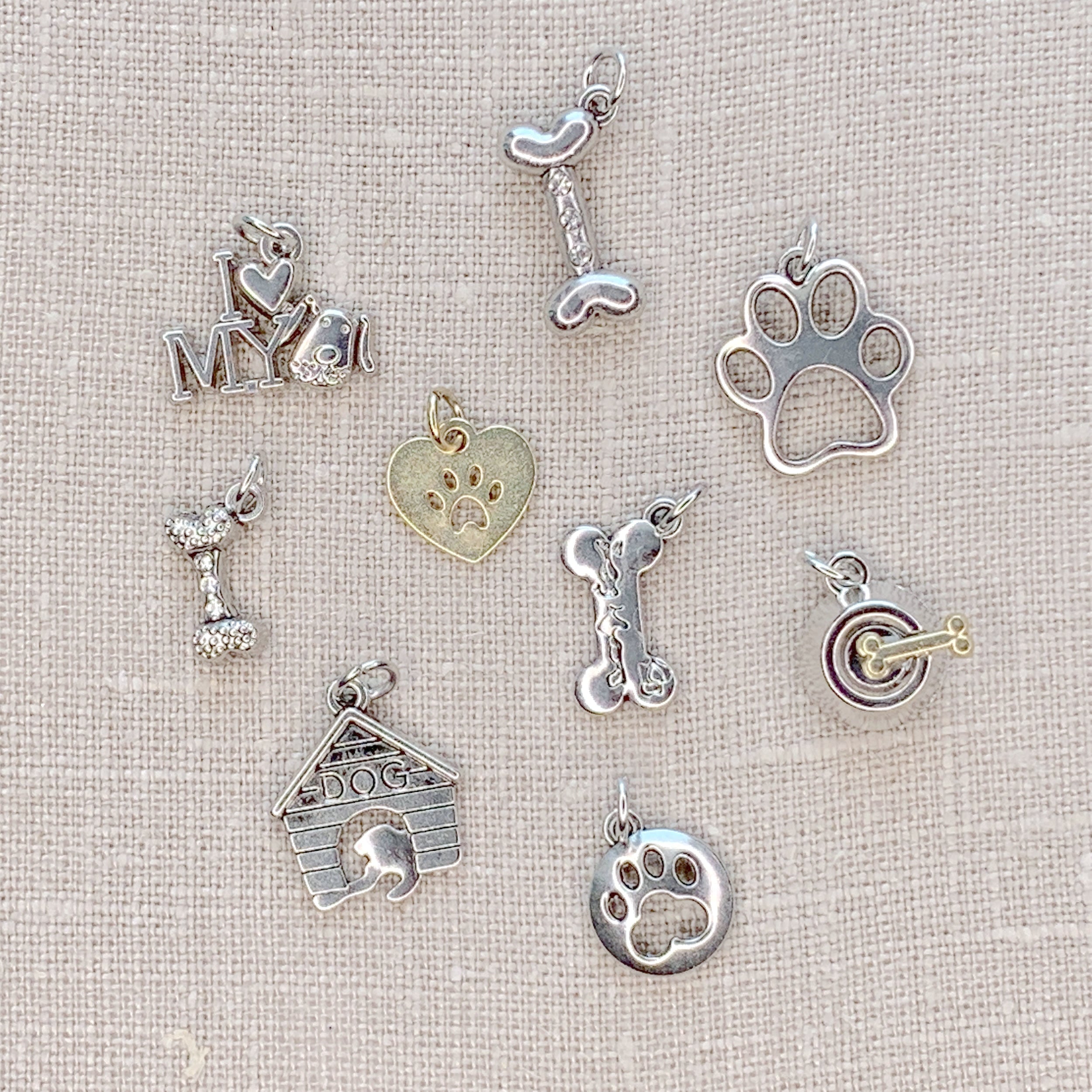 Silver and Gold Mixed Metals Dog themed 9pc Charm Set Jewelry Made by Me