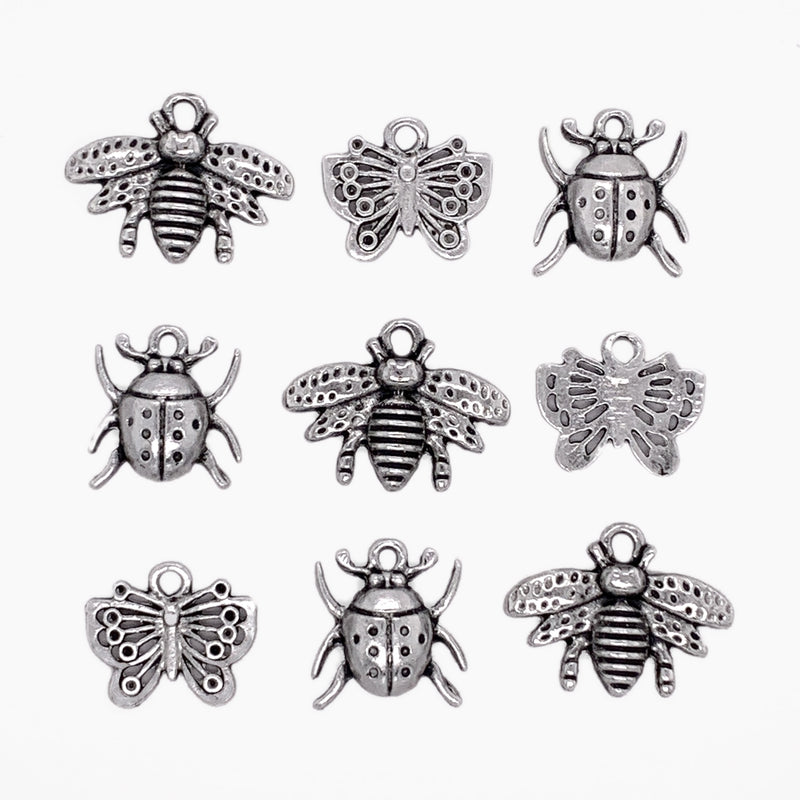 Detailed Bug Charms in Silver 9pc