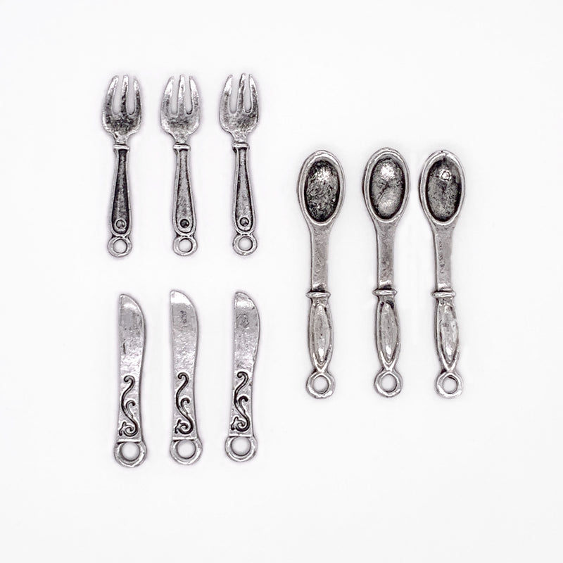 Mini Antique Silver Fork Spoon Knife Cutlery Charms 9pc
