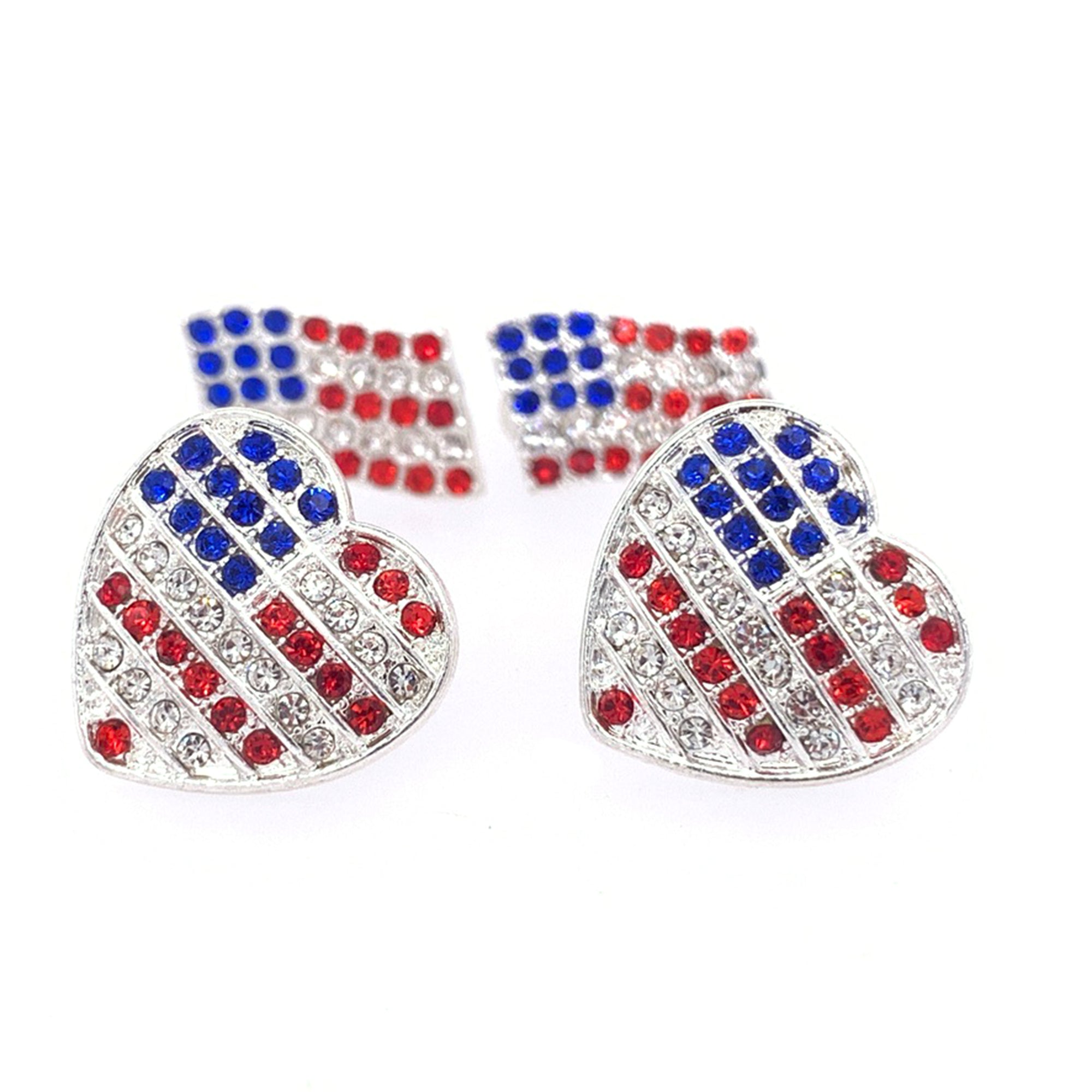 American Flag Rhinestone Earrings, Two Pair