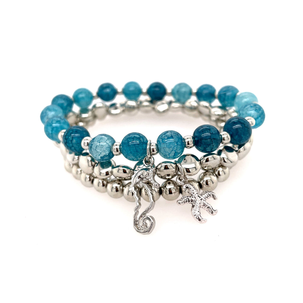 Silver and Blue Beads Stretch Bracelet 3pc Set