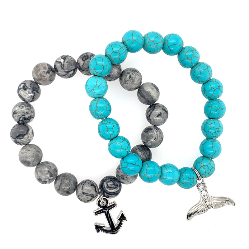 Handmade Stretch 8mm Stone Bead Bracelet Set with Charms Jade Grey and Turquoise 2pc