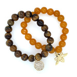 Handmade Stretch 8mm Stone Bead Bracelet Set with Charms Tigers Eye and Yellow Jade 2pc