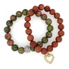 Handmade Stretch 8mm Stone Bead Bracelet Set with Charms Red Jasper and Unakite Agate 2pc