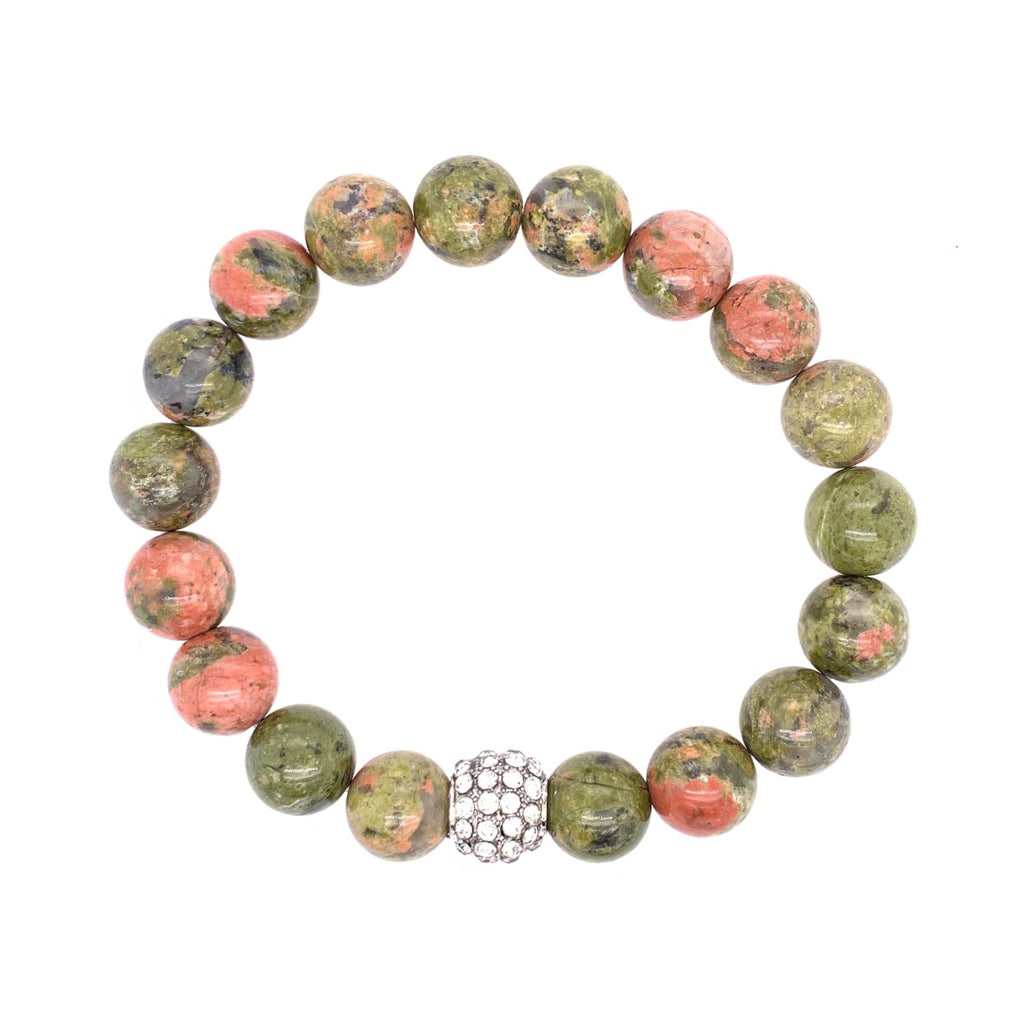 Handmade Stretch 8mm Stone Bead Bracelet Set with Charms Red Jasper and Unakite Agate 2pc
