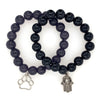 Handmade Stretch 8mm Stone Bead Bracelet Set with Charms Black Agate and Blue Sand 2pc