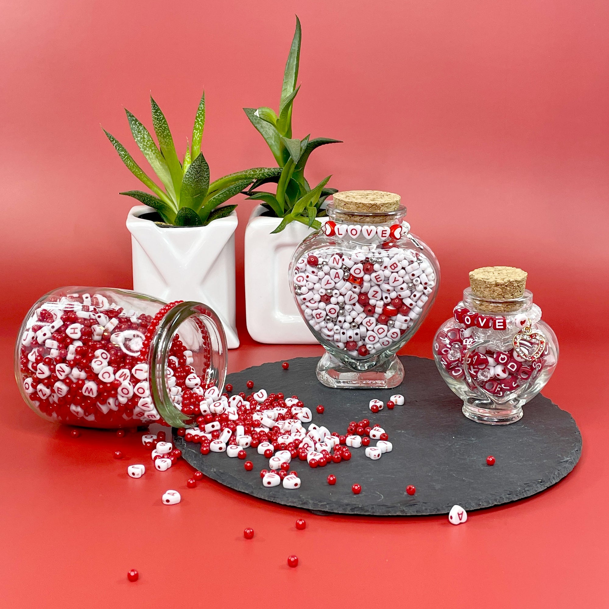Red &amp; White Valentine Heart Bead Jar